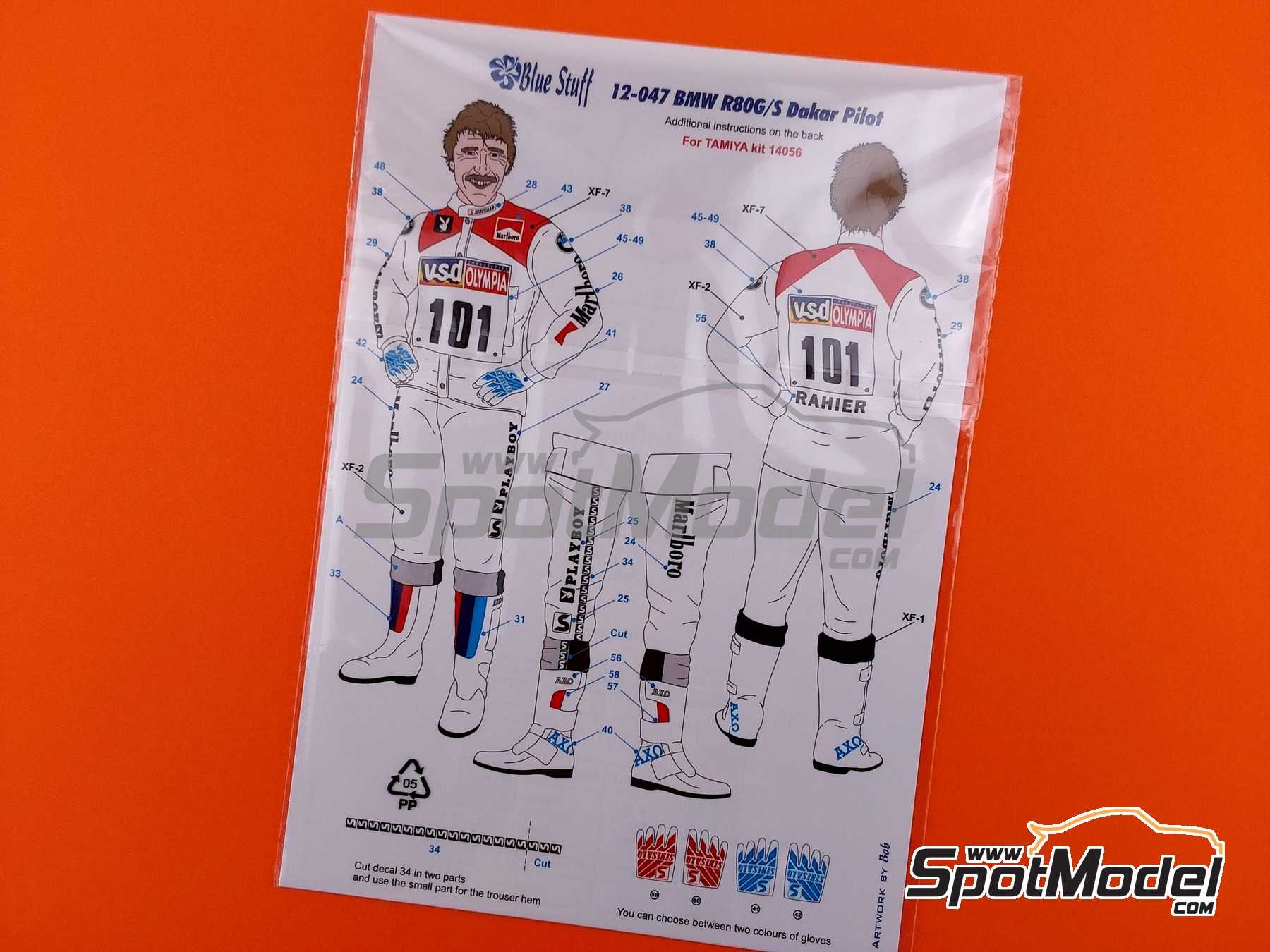 Image 11: Piloto BMW R80G/S patrocinado por Marlboro, Playboy - Rally Paris Dakar 1985 | Decoraci&oacute;n en escala&nbsp;1/12 fabricado por Blue Stuff (ref.&nbsp;12-047)