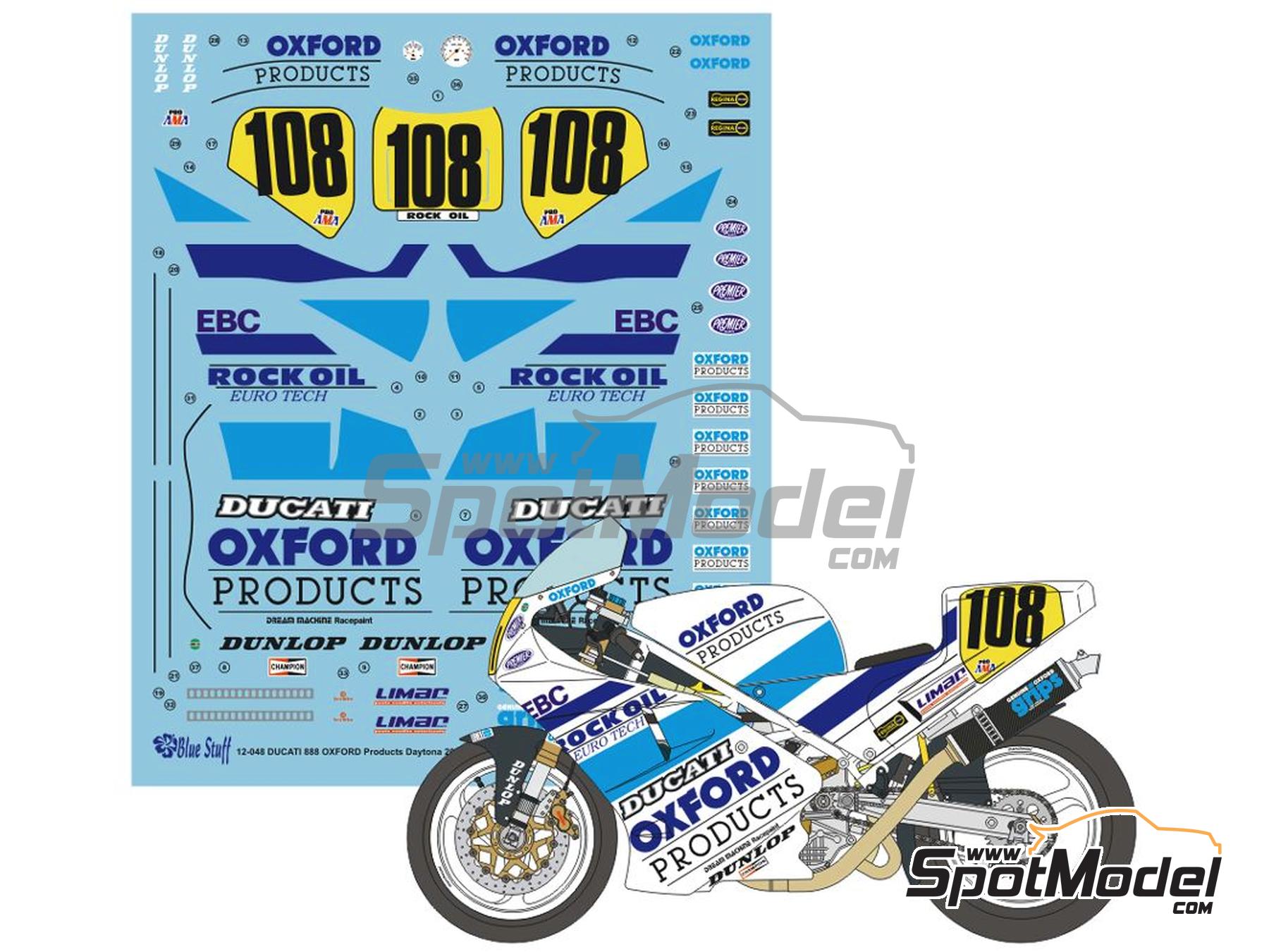 Image 1: Ducati 888 sponsored by Oxford Products - AMA Superbikes Daytona 200 1992 | Marking / livery in 1/12 scale manufactured by Blue Stuff (ref. 12-048)