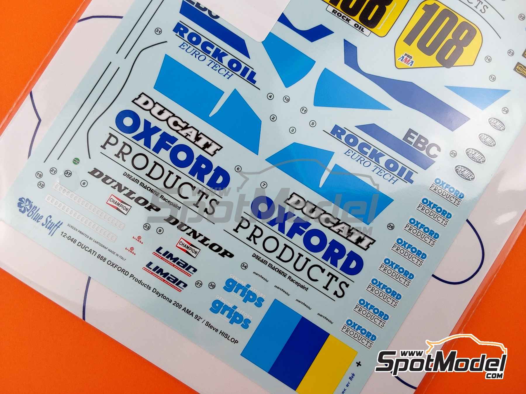 Image 4: Ducati 888 sponsored by Oxford Products - AMA Superbikes Daytona 200 1992 | Marking / livery in 1/12 scale manufactured by Blue Stuff (ref. 12-048)