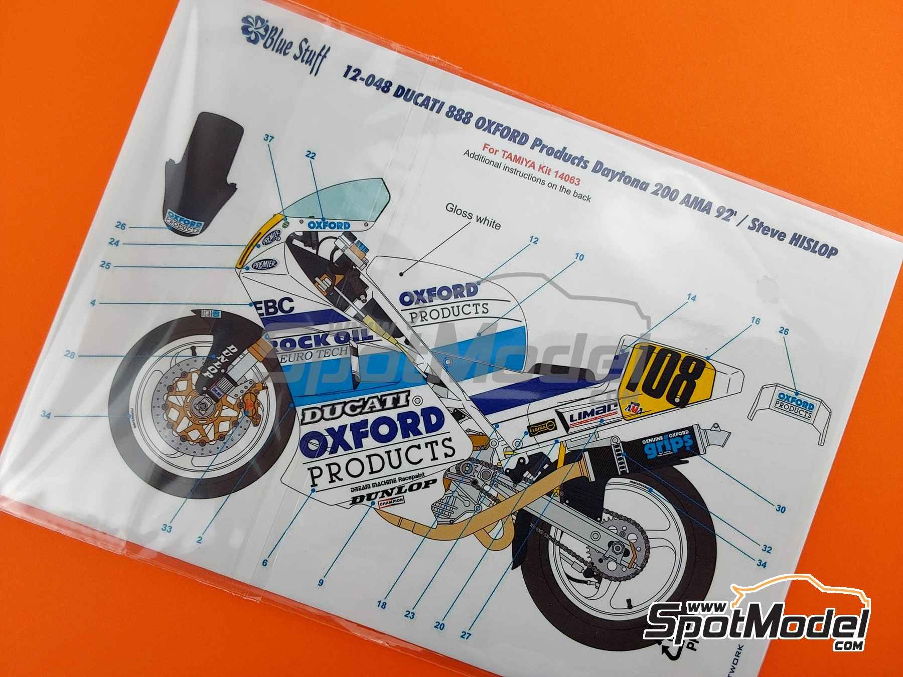Image 5: Ducati 888 sponsored by Oxford Products - AMA Superbikes Daytona 200 1992 | Marking / livery in 1/12 scale manufactured by Blue Stuff (ref. 12-048)