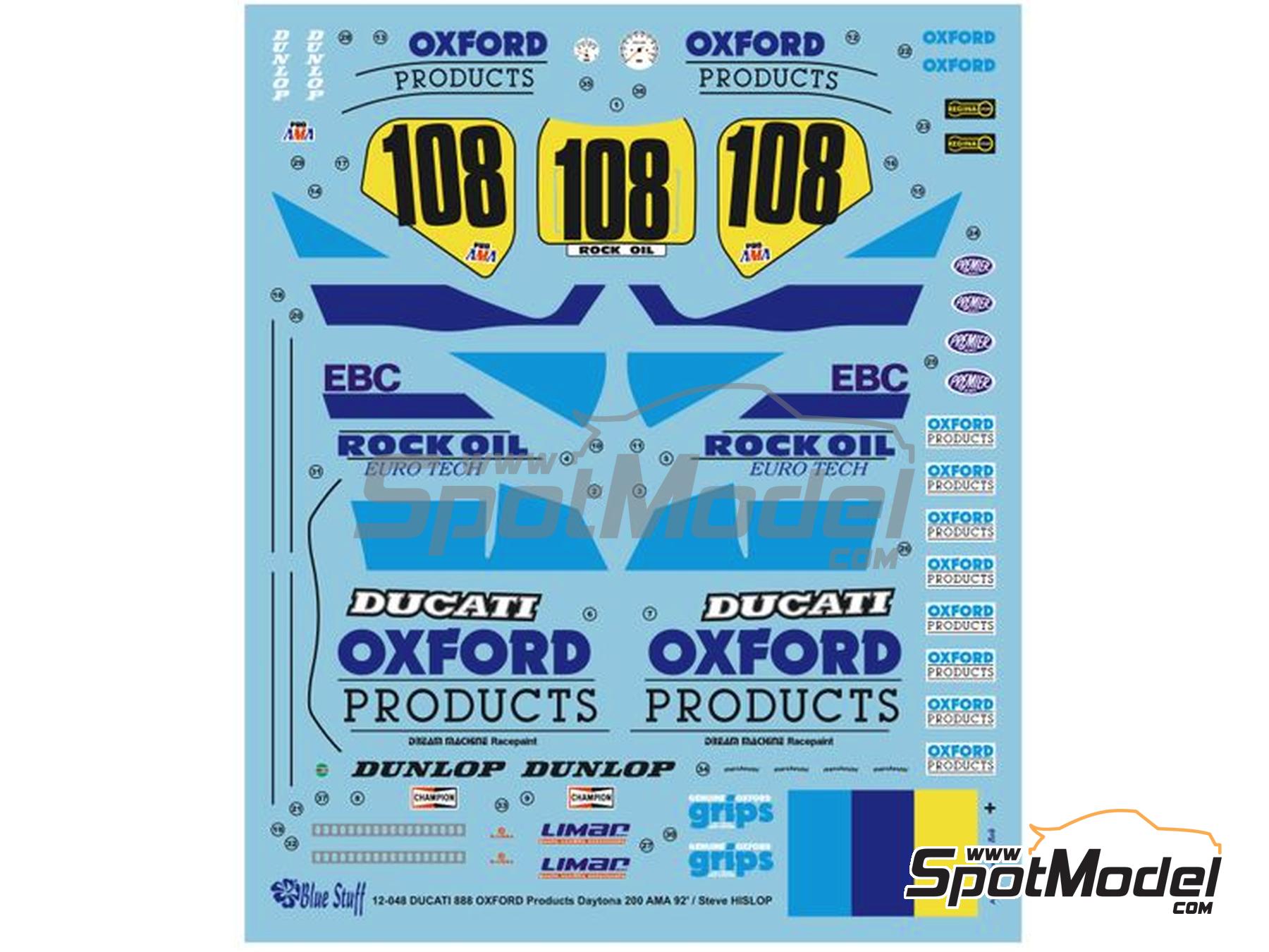 Image 8: Ducati 888 sponsored by Oxford Products - AMA Superbikes Daytona 200 1992 | Marking / livery in 1/12 scale manufactured by Blue Stuff (ref. 12-048)