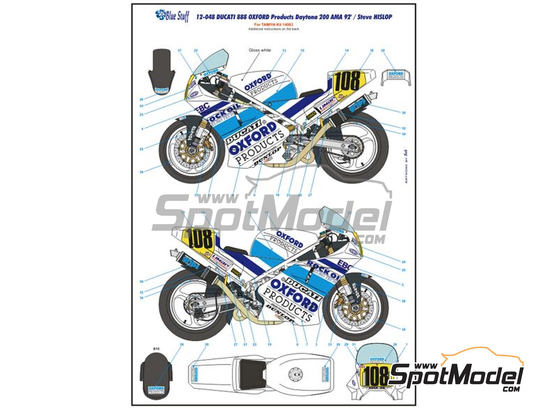 Image 9: Ducati 888 sponsored by Oxford Products - AMA Superbikes Daytona 200 1992 | Marking / livery in 1/12 scale manufactured by Blue Stuff (ref. 12-048)