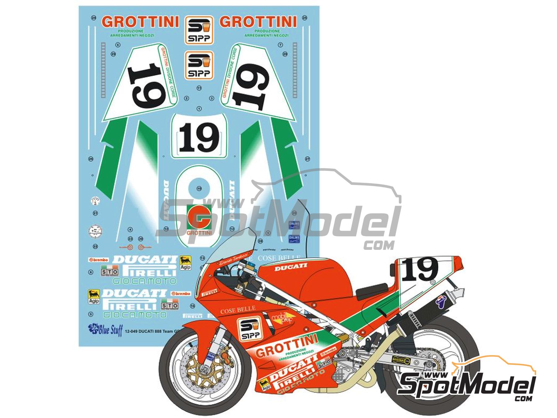 Image 1: Ducati 888 sponsored by Grottini - Superbike World Championship 1991 | Marking / livery in 1/12 scale manufactured by Blue Stuff (ref. 12-049)