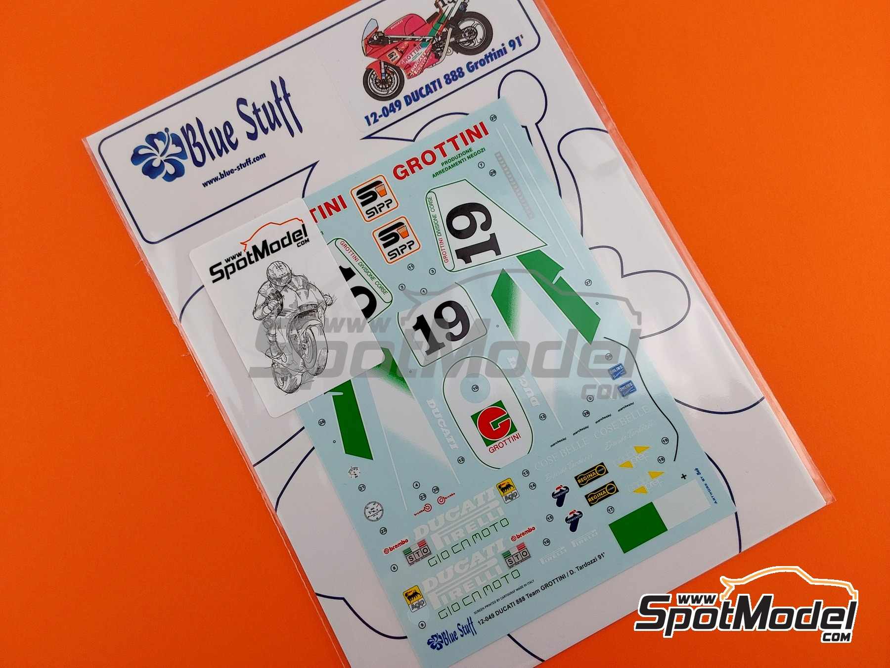 Image 2: Ducati 888 sponsored by Grottini - Superbike World Championship 1991 | Marking / livery in 1/12 scale manufactured by Blue Stuff (ref. 12-049)