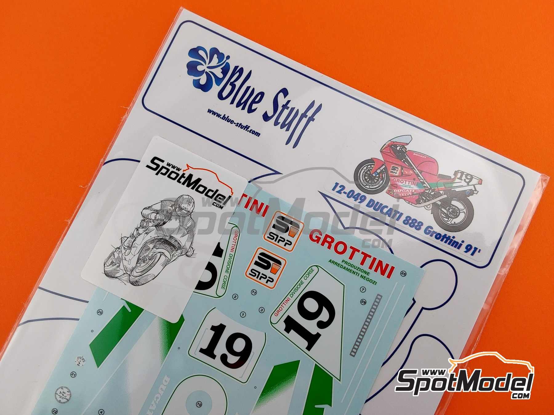 Image 3: Ducati 888 sponsored by Grottini - Superbike World Championship 1991 | Marking / livery in 1/12 scale manufactured by Blue Stuff (ref. 12-049)