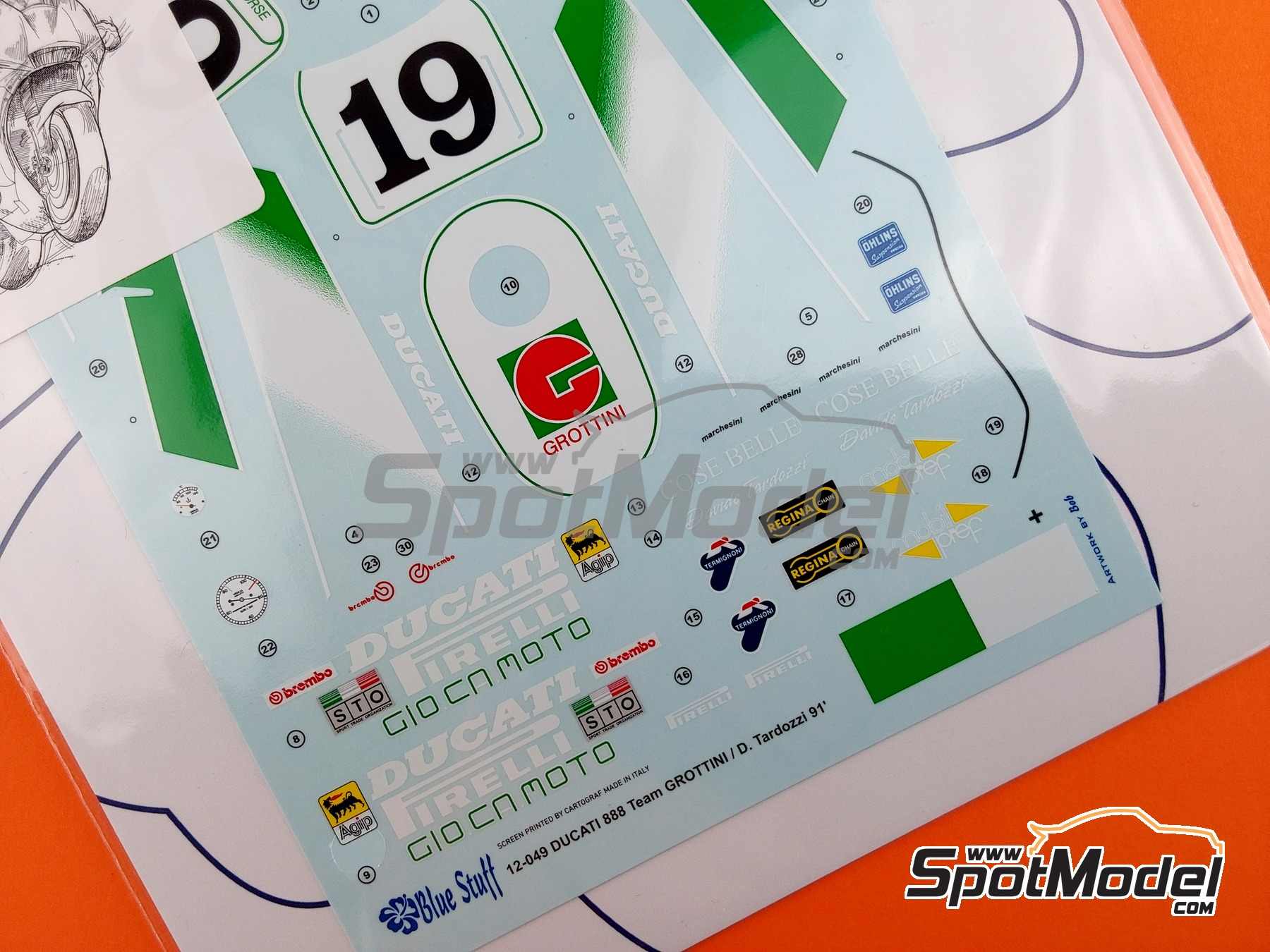 Image 4: Ducati 888 sponsored by Grottini - Superbike World Championship 1991 | Marking / livery in 1/12 scale manufactured by Blue Stuff (ref. 12-049)