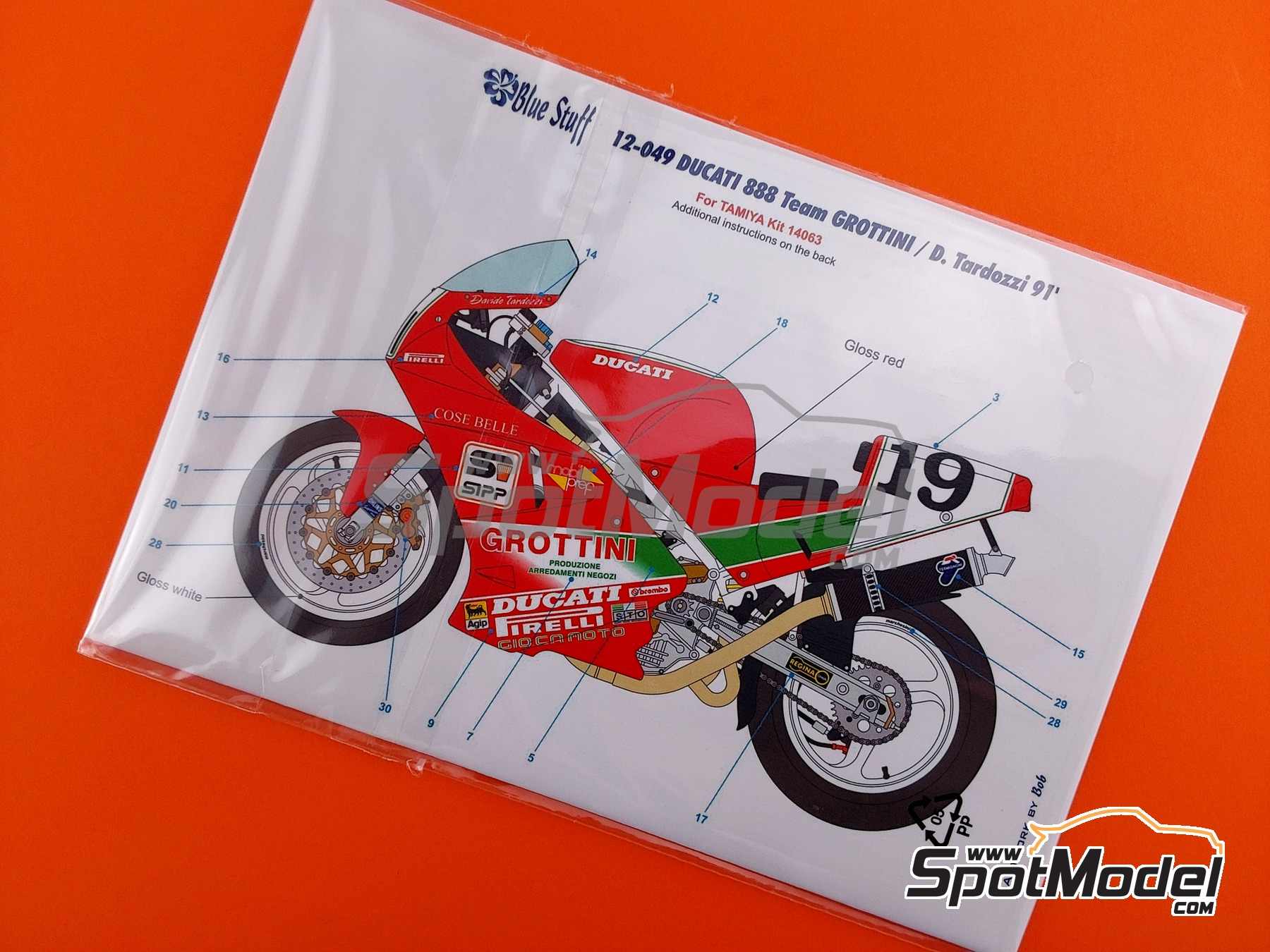 Image 5: Ducati 888 sponsored by Grottini - Superbike World Championship 1991 | Marking / livery in 1/12 scale manufactured by Blue Stuff (ref. 12-049)