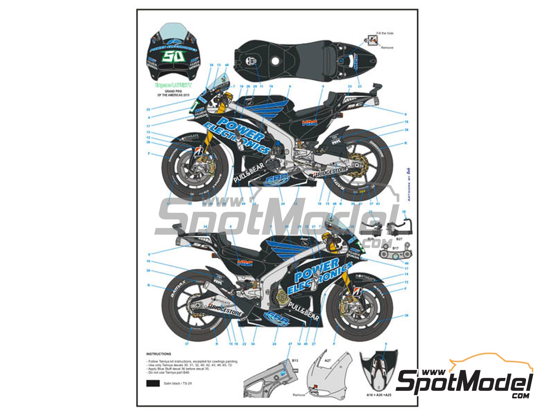 Image 2: Honda RC213V Aspar Team sponsored by Power Electronics - USA Moto GP Grand Prix 2015 | Marking / livery in 1/12 scale manufactured by Blue Stuff (ref.&nbsp;12-054)
