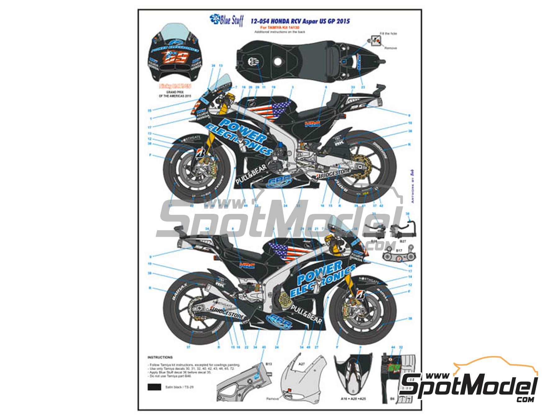 Image 3: Honda RC213V Aspar Team sponsored by Power Electronics - USA Moto GP Grand Prix 2015 | Marking / livery in 1/12 scale manufactured by Blue Stuff (ref.&nbsp;12-054)