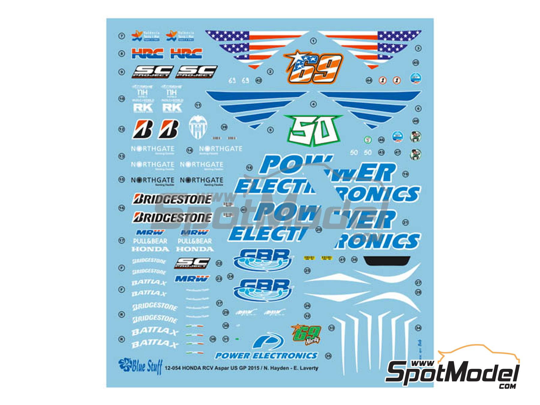 Image 4: Honda RC213V Aspar Team sponsored by Power Electronics - USA Moto GP Grand Prix 2015 | Marking / livery in 1/12 scale manufactured by Blue Stuff (ref.&nbsp;12-054)