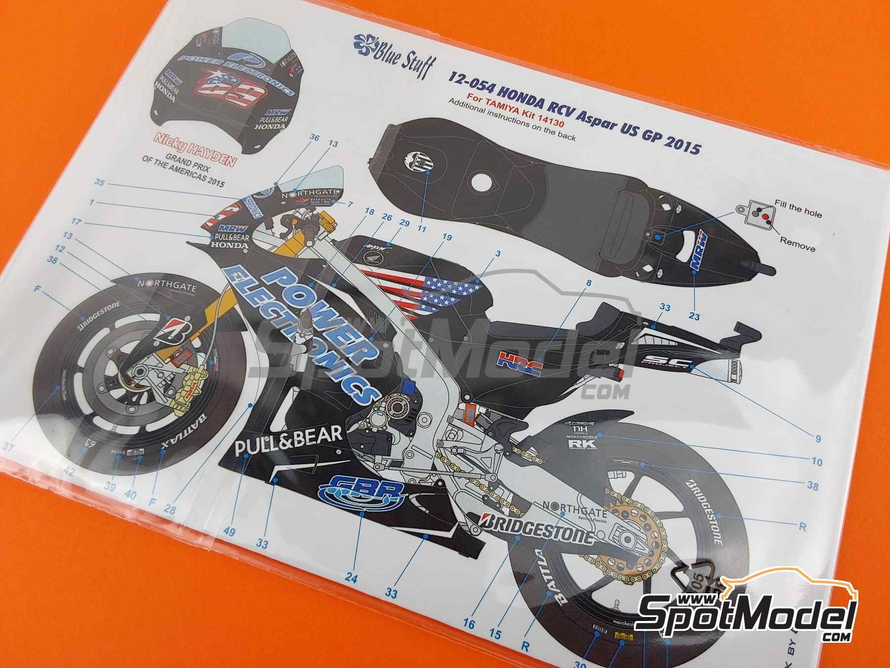 Image 9: Honda RC213V Aspar Team sponsored by Power Electronics - USA Moto GP Grand Prix 2015 | Marking / livery in 1/12 scale manufactured by Blue Stuff (ref.&nbsp;12-054)