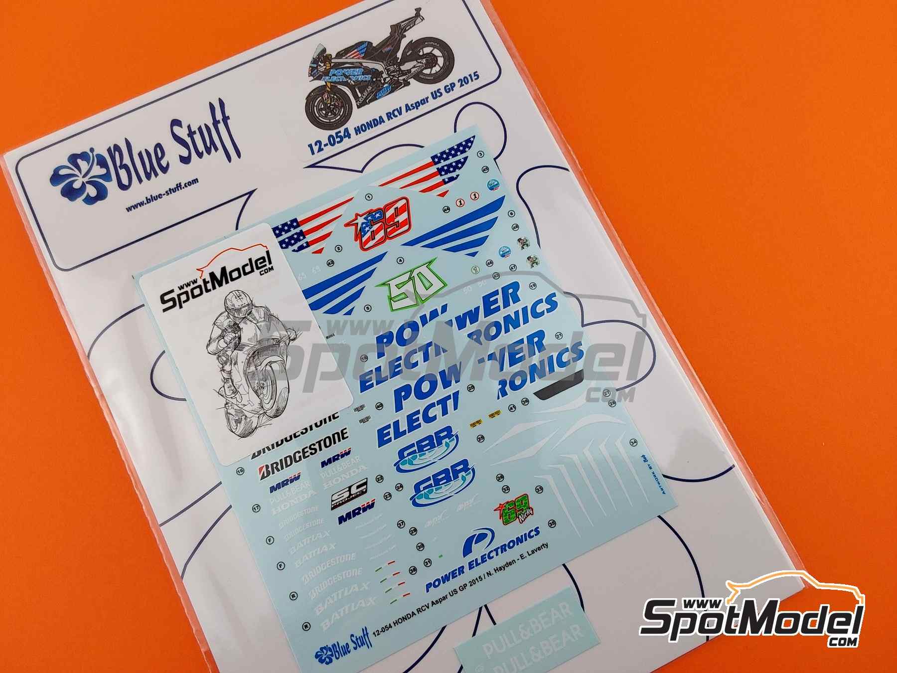 Image 10: Honda RC213V Aspar Team sponsored by Power Electronics - USA Moto GP Grand Prix 2015 | Marking / livery in 1/12 scale manufactured by Blue Stuff (ref.&nbsp;12-054)