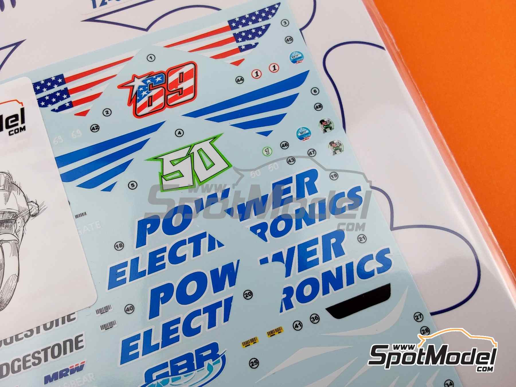 Image 11: Honda RC213V Aspar Team sponsored by Power Electronics - USA Moto GP Grand Prix 2015 | Marking / livery in 1/12 scale manufactured by Blue Stuff (ref.&nbsp;12-054)