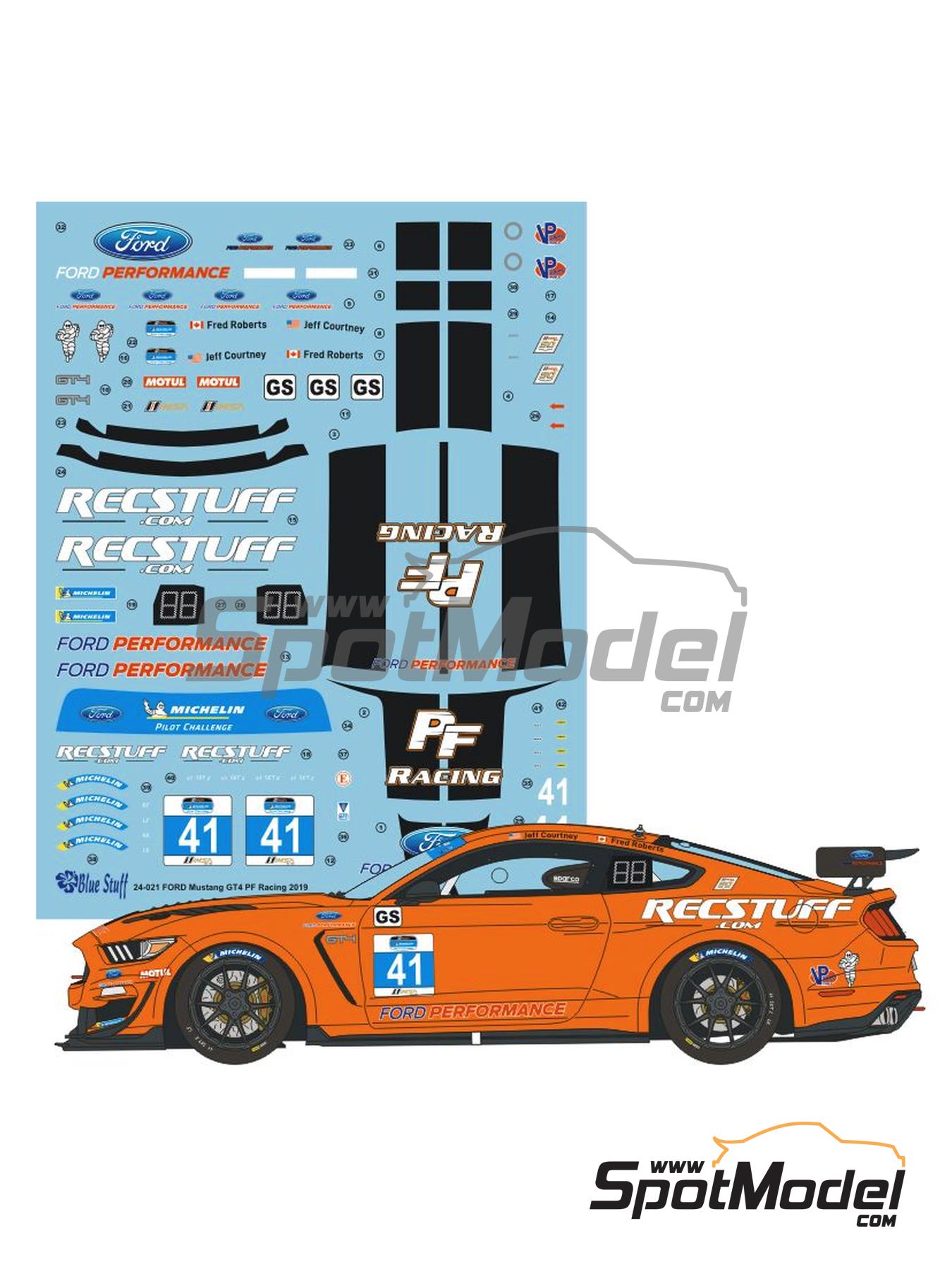 Blue Stuff 24-021: Marking / livery 1/24 scale - Ford Mustang GT4 PF Racing  Team sponsored by Recstuff #41 - Jeff Courtney (US) + Fred Roberts (CA) -  IMSA Michelin Pilot Challenge 2019 - for Tamiya reference TAM24354 (ref.  24-021)