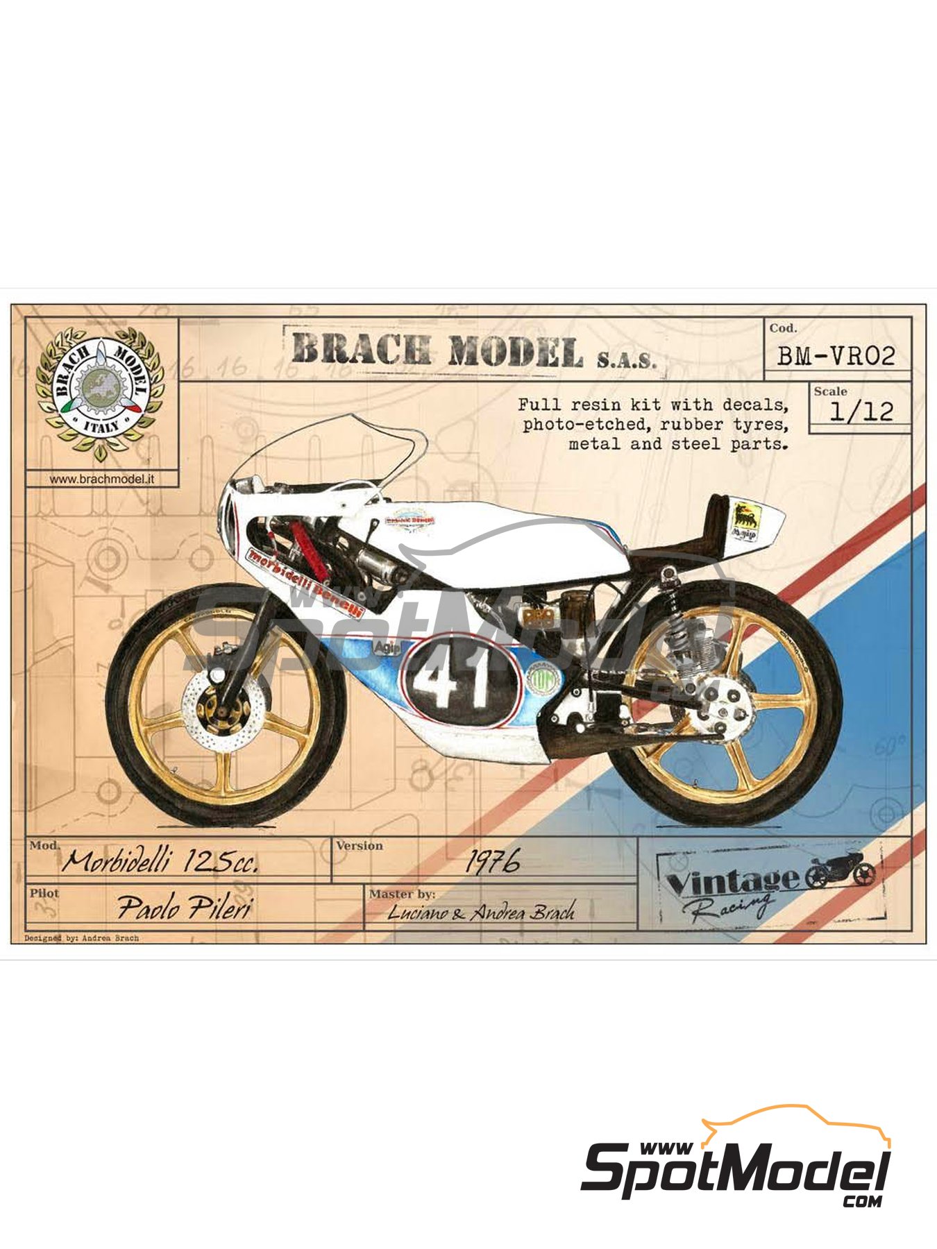 Brach Model BM-VR02: Motorbike scale model kit 1/12 scale - Morbidelli  125cc #41 - Paolo Pileri (IT) - Motorcycle World Championship 1976 (ref.  BM-VR02)