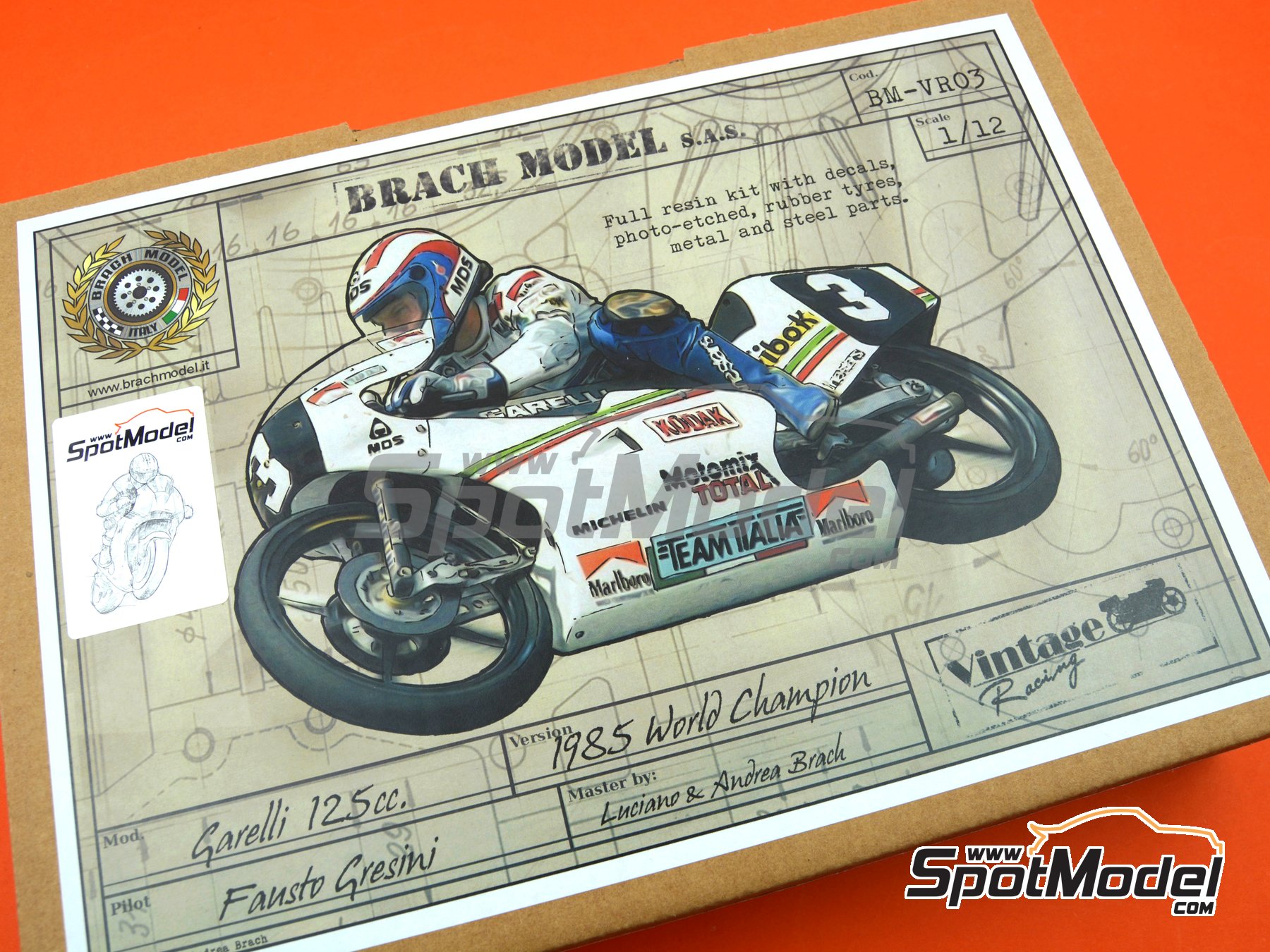 Image 18: Garelli 125cc sponsored by MDS - Motorcycle World Championship 1985 | Motorbike scale model kit in 1/12 scale manufactured by Brach Model (ref.&nbsp;BM-VR03, also 4589936678218)