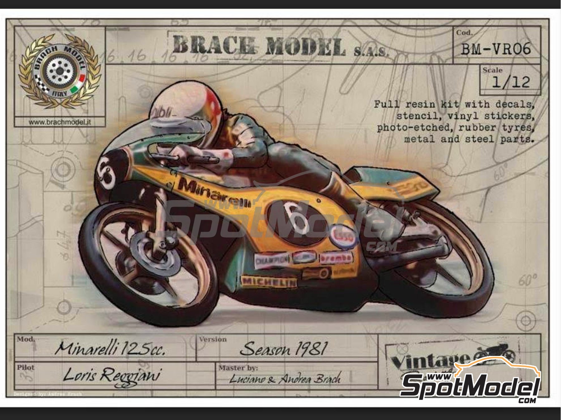 Image 1: Minarelli 125cc - Motorcycle World Championship 1981 | Motorbike scale model kit in 1/12 scale manufactured by Brach Model (ref.&nbsp;BM-VR06, also 4573105620382)