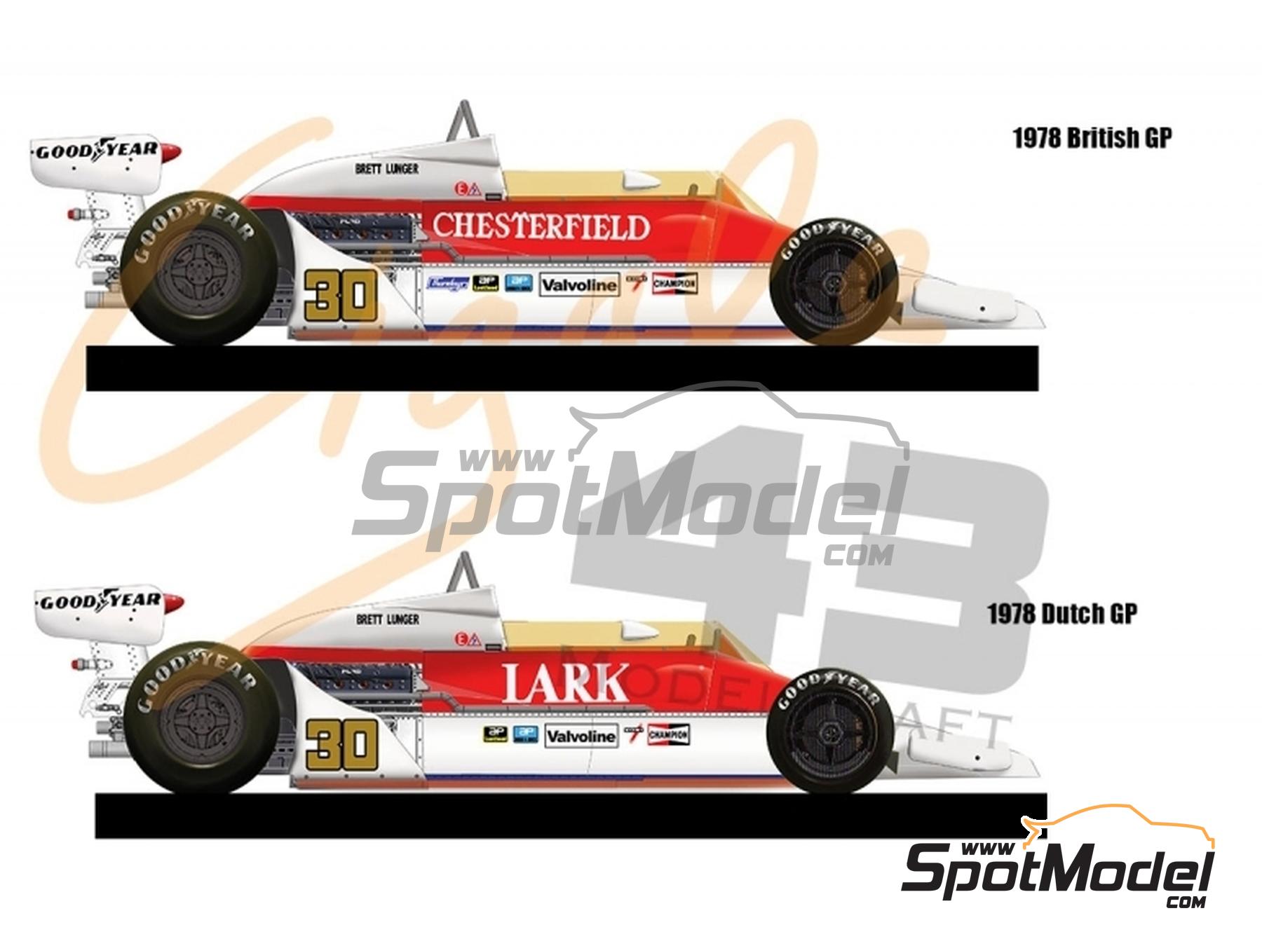 Image 1: McLaren Ford M26 Equipo BS Fabrications patrocinado por Chesterfield, Lark - Gran Premio de Formula 1 de Holanda, Gran Premio de F&oacute;rmula 1 de Inglaterra 1978 | Decoraci&oacute;n en escala&nbsp;1/43 fabricado por Cigale 43 Modelcraft (ref.&nbsp;CIGALE-CDS013, tambien CDS013)