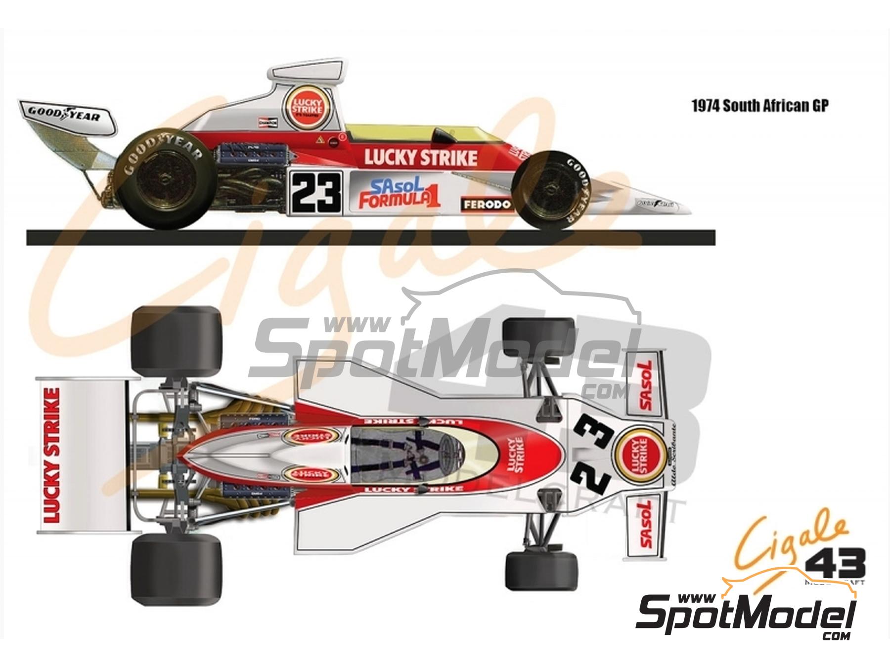 Image 1: McLaren Ford M23 Scuderia Scribante Team sponsored by Lucky Strike - South African Formula 1 Grand Prix 1974 | Marking / livery in 1/43 scale manufactured by Cigale 43 Modelcraft (ref.&nbsp;CIGALE-CDS014, also CDS014)
