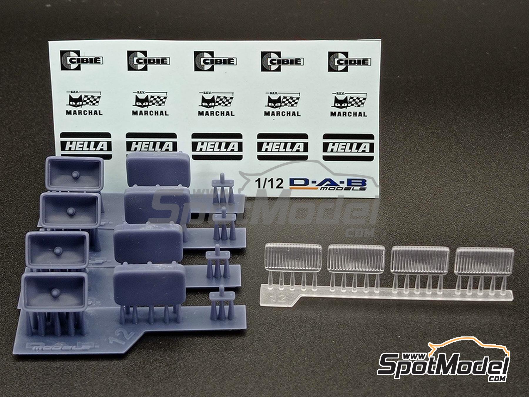 Image 1: Rectangular headlights sponsored by Cibie, Hella, Sev Marchal | Lights in 1/12 scale manufactured by D.A.B. Models (ref. DAB12-019)