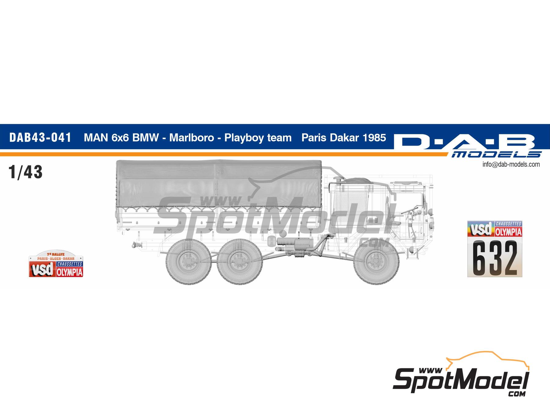 Image 1: MAN 6x6 BMW Playboy Team sponsored by Marlboro - Paris Dakar Rally 1985 | Truck scale model kit in 1/43 scale manufactured by D.A.B. Models (ref.&nbsp;DAB43-041)