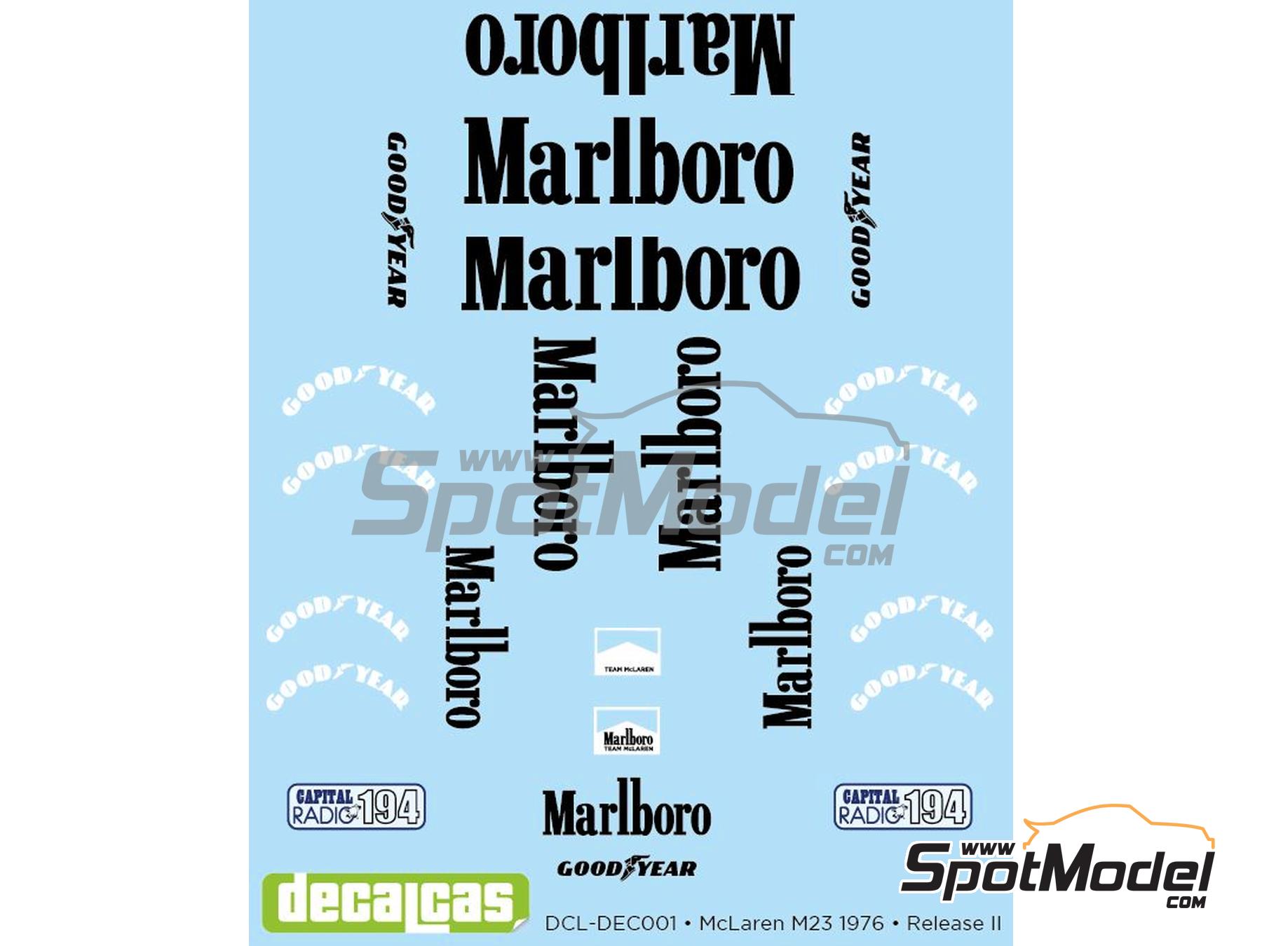Image 1: McLaren M23 McLaren Racing Limited Team sponsored by Marlboro - German Formula 1 Grand Prix, Austrian Formula 1 Grand Prix, French Formula 1 Grand Prix, Dutch Formula 1 Grand Prix, British Formula 1 Grand Prix, Japanese Formula 1 Grand Prix, Monaco Formula 1 Grand Prix 1976 | Marking / livery in 1/20 scale manufactured by Decalcas (ref. DCL-DEC001)