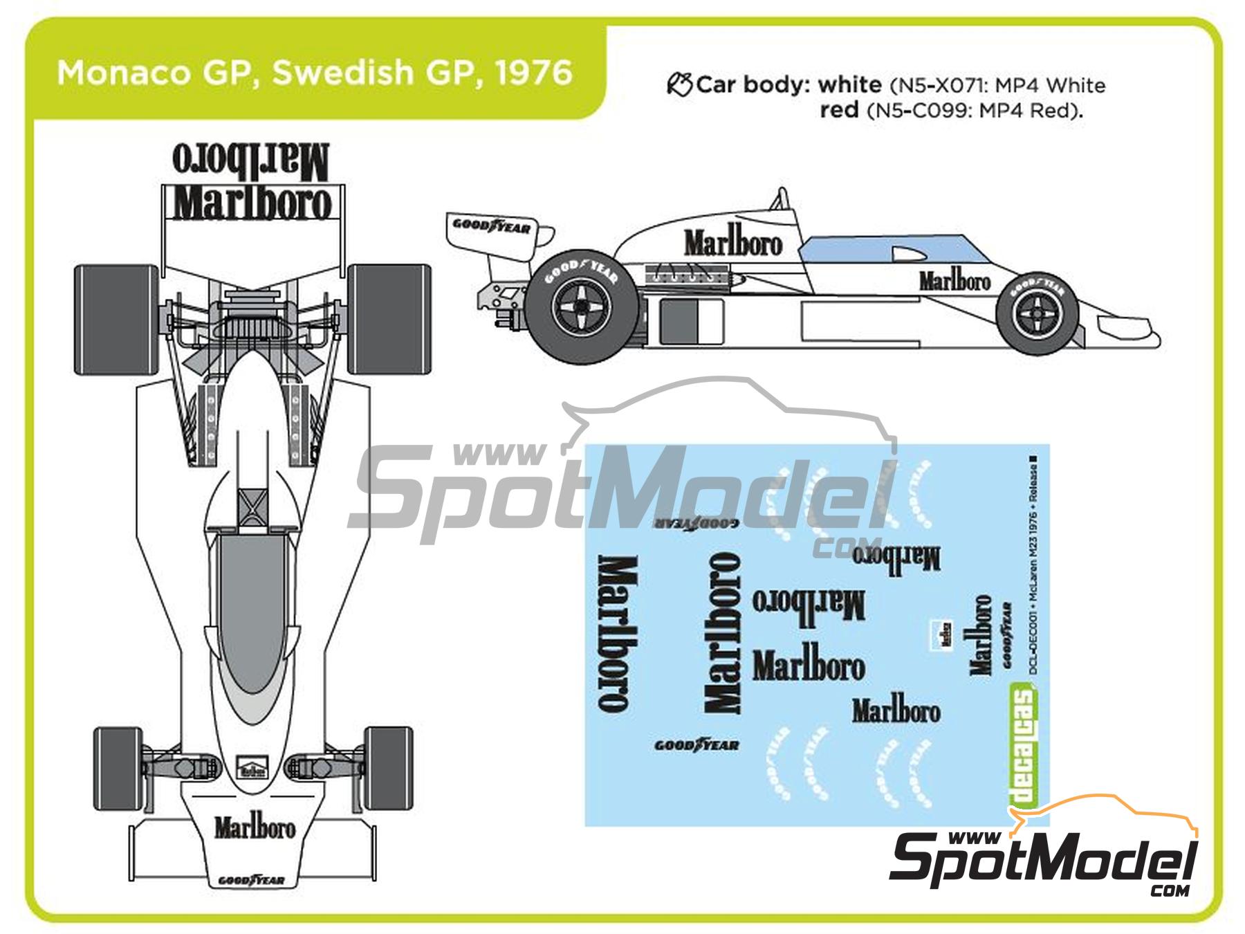 Image 2: McLaren M23 McLaren Racing Limited Team sponsored by Marlboro - German Formula 1 Grand Prix, Austrian Formula 1 Grand Prix, French Formula 1 Grand Prix, Dutch Formula 1 Grand Prix, British Formula 1 Grand Prix, Japanese Formula 1 Grand Prix, Monaco Formula 1 Grand Prix 1976 | Marking / livery in 1/20 scale manufactured by Decalcas (ref. DCL-DEC001)
