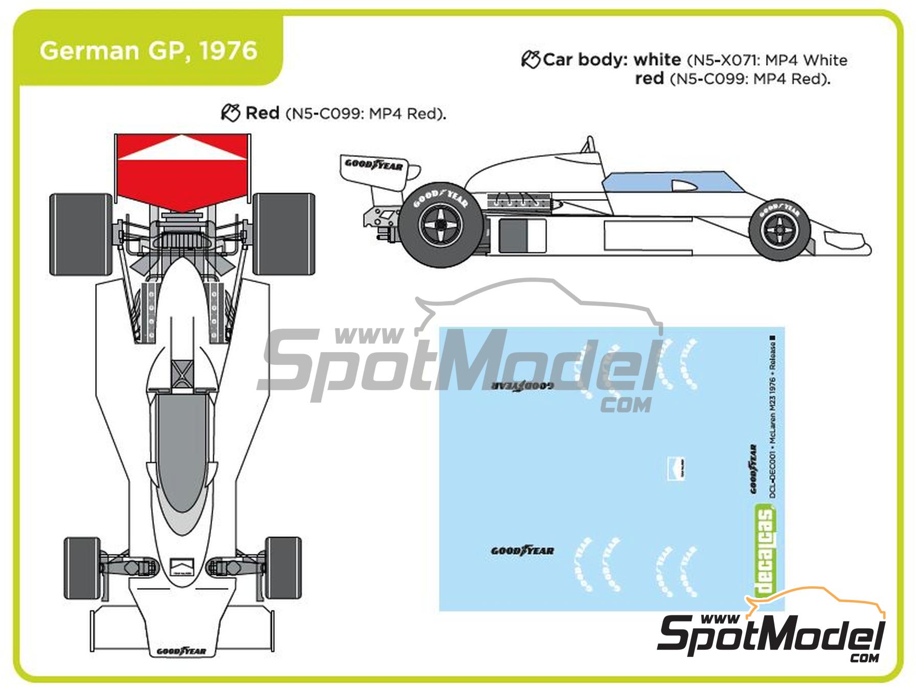 Image 3: McLaren M23 McLaren Racing Limited Team sponsored by Marlboro - German Formula 1 Grand Prix, Austrian Formula 1 Grand Prix, French Formula 1 Grand Prix, Dutch Formula 1 Grand Prix, British Formula 1 Grand Prix, Japanese Formula 1 Grand Prix, Monaco Formula 1 Grand Prix 1976 | Marking / livery in 1/20 scale manufactured by Decalcas (ref. DCL-DEC001)