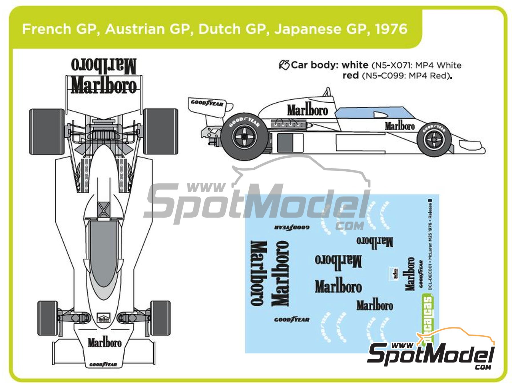 Image 4: McLaren M23 McLaren Racing Limited Team sponsored by Marlboro - German Formula 1 Grand Prix, Austrian Formula 1 Grand Prix, French Formula 1 Grand Prix, Dutch Formula 1 Grand Prix, British Formula 1 Grand Prix, Japanese Formula 1 Grand Prix, Monaco Formula 1 Grand Prix 1976 | Marking / livery in 1/20 scale manufactured by Decalcas (ref. DCL-DEC001)