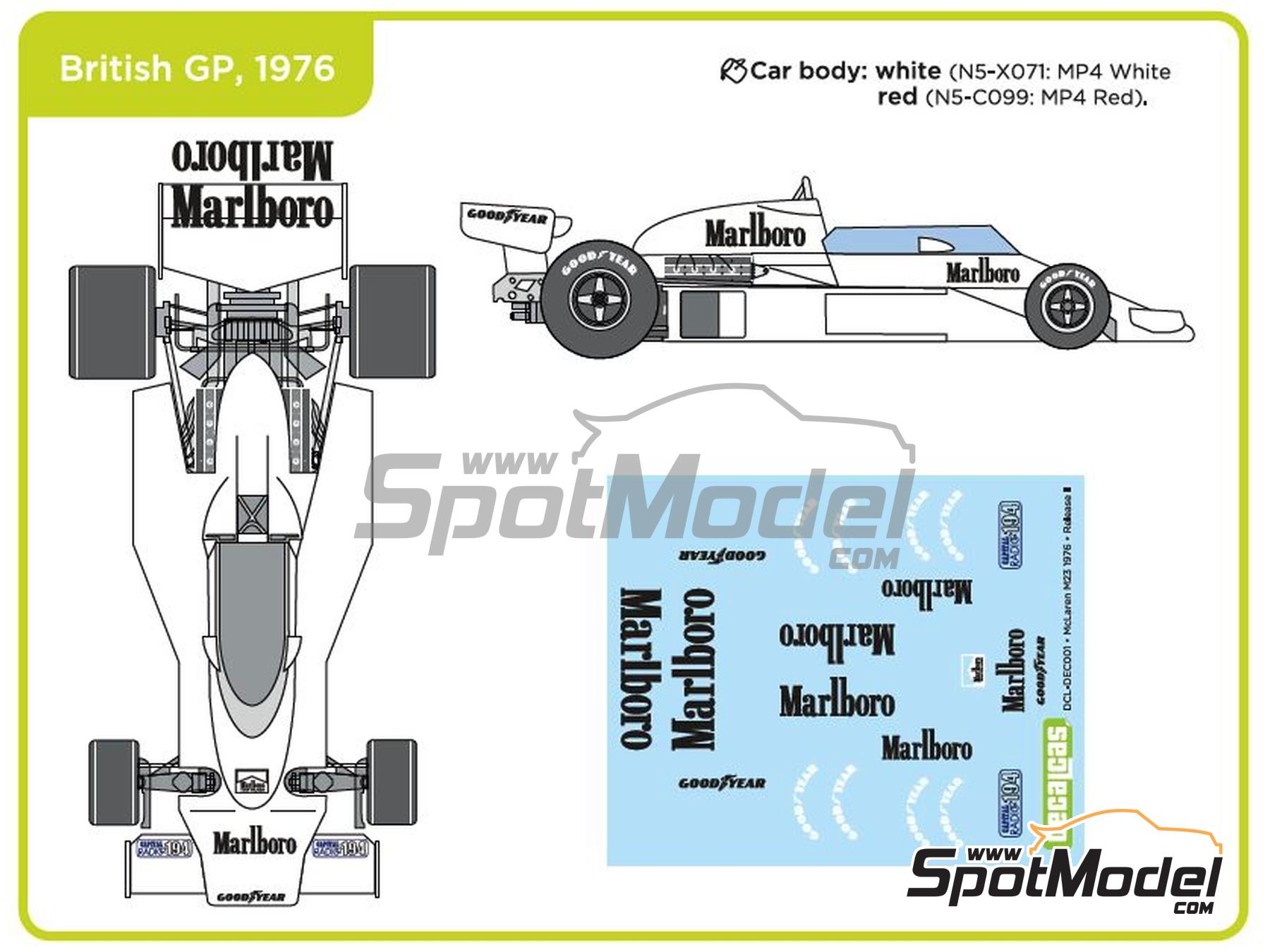 Image 5: McLaren M23 McLaren Racing Limited Team sponsored by Marlboro - German Formula 1 Grand Prix, Austrian Formula 1 Grand Prix, French Formula 1 Grand Prix, Dutch Formula 1 Grand Prix, British Formula 1 Grand Prix, Japanese Formula 1 Grand Prix, Monaco Formula 1 Grand Prix 1976 | Marking / livery in 1/20 scale manufactured by Decalcas (ref. DCL-DEC001)