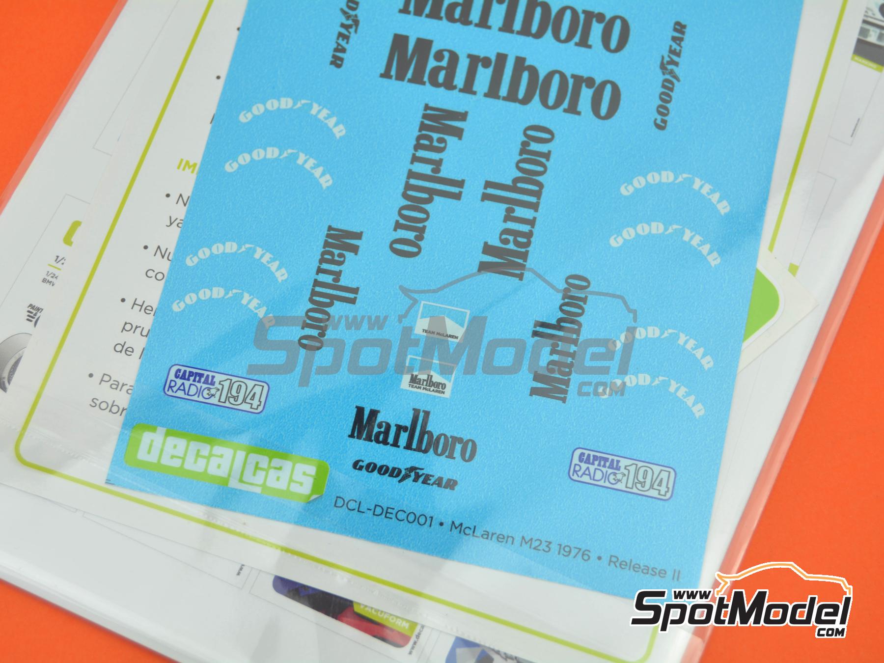 Image 8: McLaren M23 McLaren Racing Limited Team sponsored by Marlboro - German Formula 1 Grand Prix, Austrian Formula 1 Grand Prix, French Formula 1 Grand Prix, Dutch Formula 1 Grand Prix, British Formula 1 Grand Prix, Japanese Formula 1 Grand Prix, Monaco Formula 1 Grand Prix 1976 | Marking / livery in 1/20 scale manufactured by Decalcas (ref. DCL-DEC001)