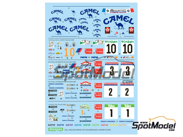 Image 1: BMW M3 E30 Sauermann Competicion Team sponsored by Camel - El Corte Ingles Rally Islas Canarias, Principe de Asturias Rally, Valeo Rallye 1989 and 1991 | Marking / livery in 1/24 scale manufactured by Decalcas (ref.&nbsp;DCL-DEC002)