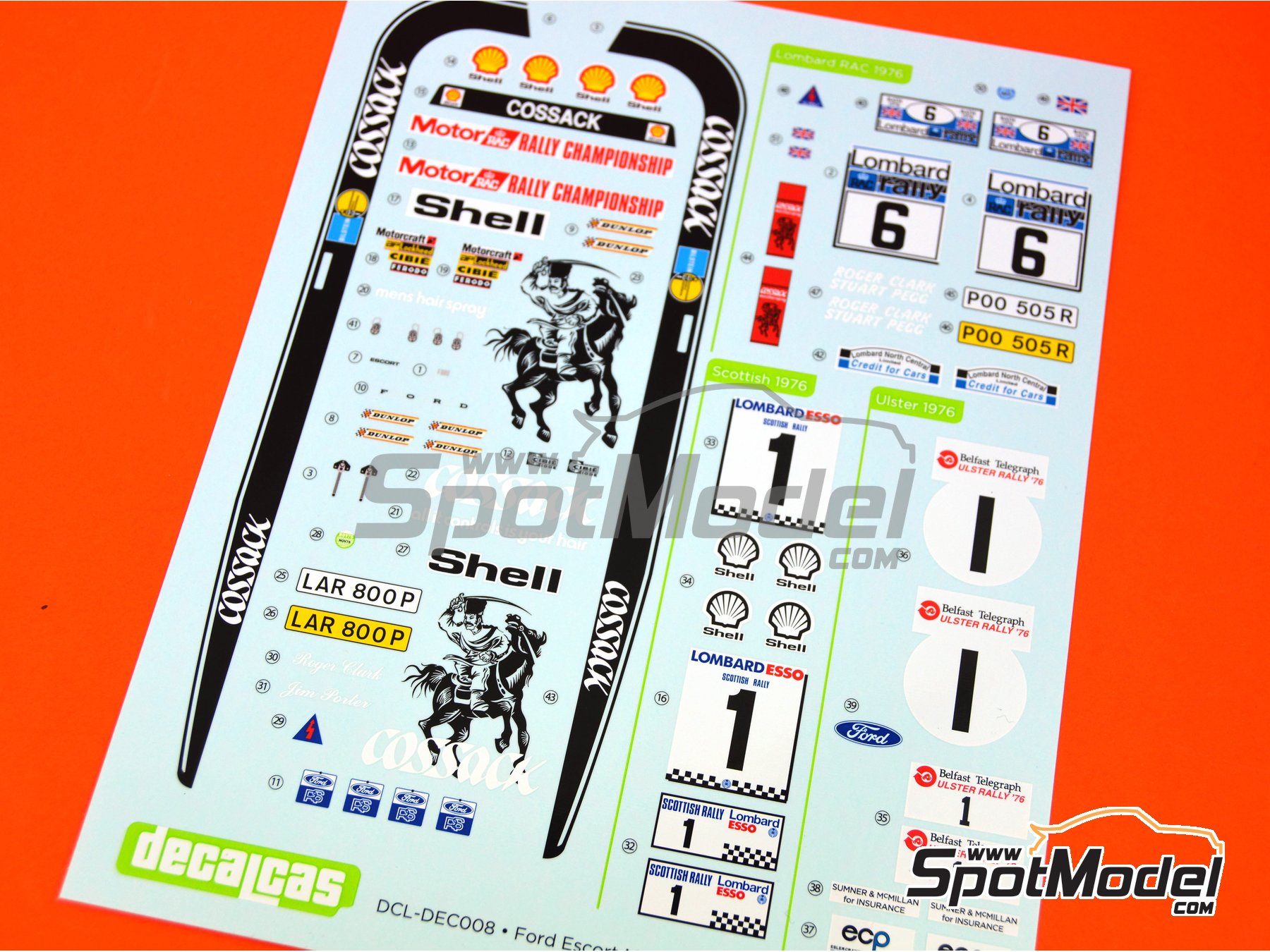 Image 1: Ford Escort Mk. II Cossack Ford Motor Co Ltd - Great Britain RAC Rally, International Scottish Rally, Belfast Telegraph Ulster Rally 1976 | Marking / livery in 1/24 scale manufactured by Decalcas (ref.Â DCL-DEC008)