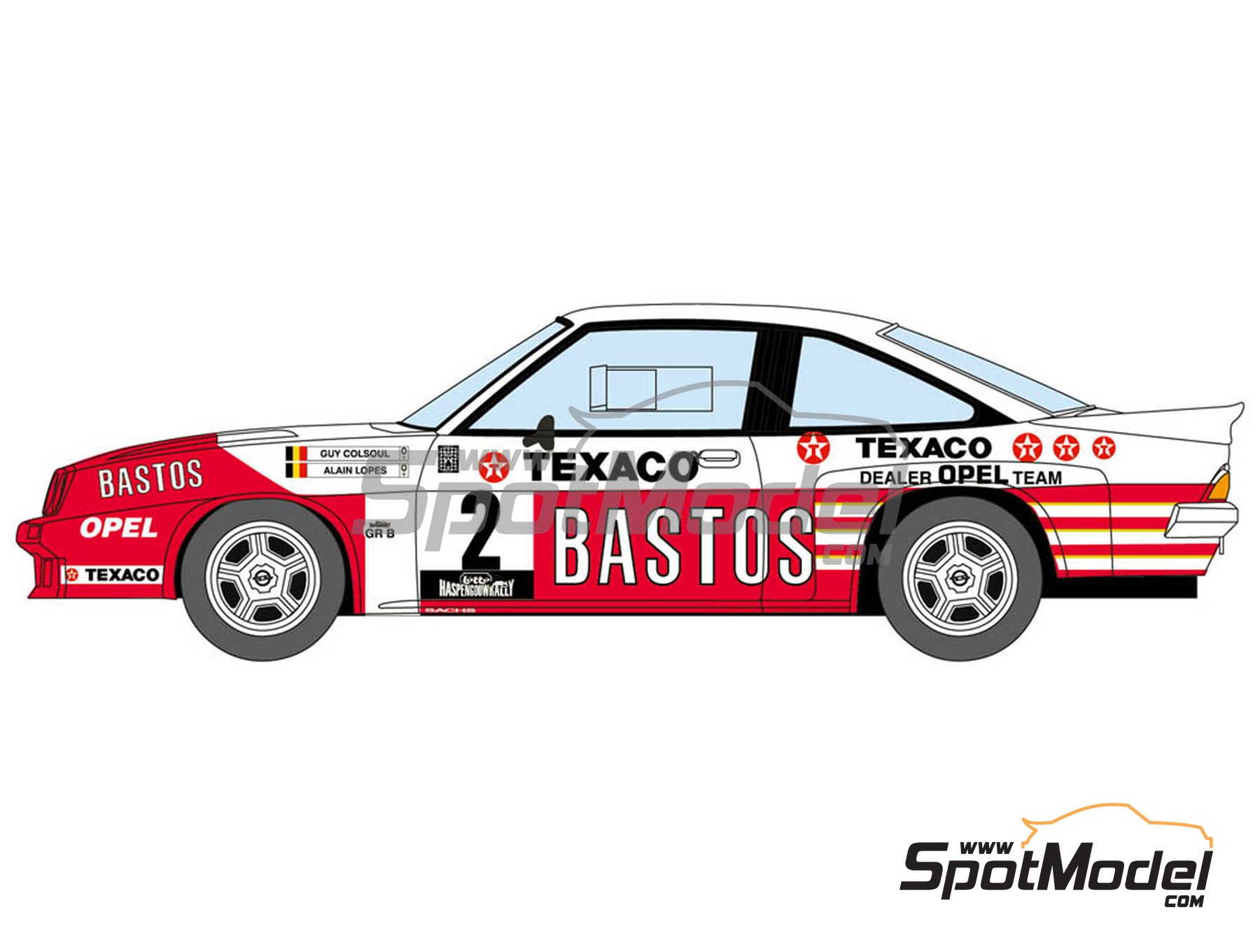 Image 3: Opel Manta 400 Group B Bastos Texaco Rally Team - 24 Hours de Ypres Rally, Condroz Rally, Haspengow Rally 1985 | Marking / livery in 1/24 scale manufactured by Decalcas (ref.&nbsp;DCL-DEC012)