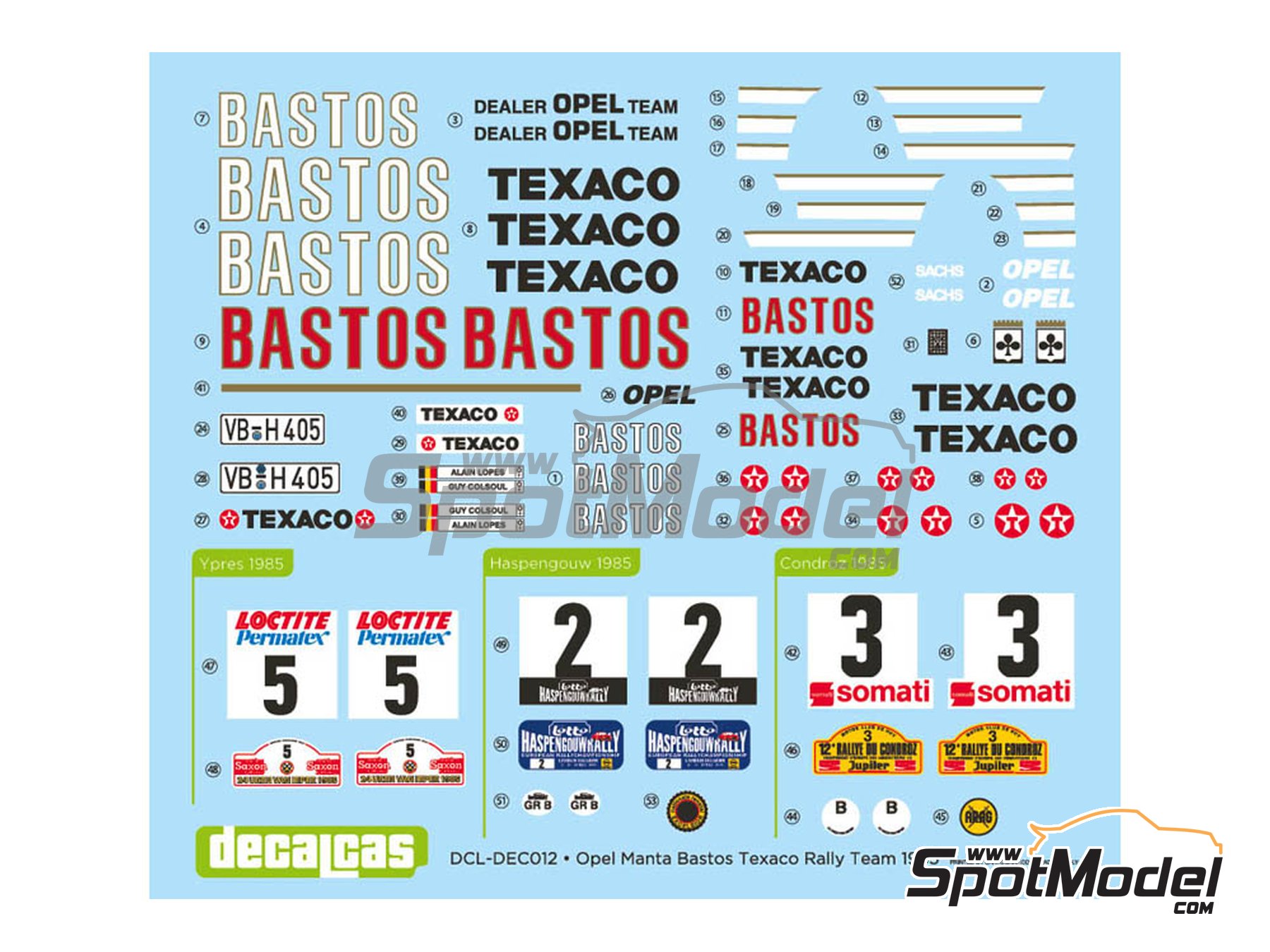 Image 4: Opel Manta 400 Group B Bastos Texaco Rally Team - 24 Hours de Ypres Rally, Condroz Rally, Haspengow Rally 1985 | Marking / livery in 1/24 scale manufactured by Decalcas (ref.&nbsp;DCL-DEC012)