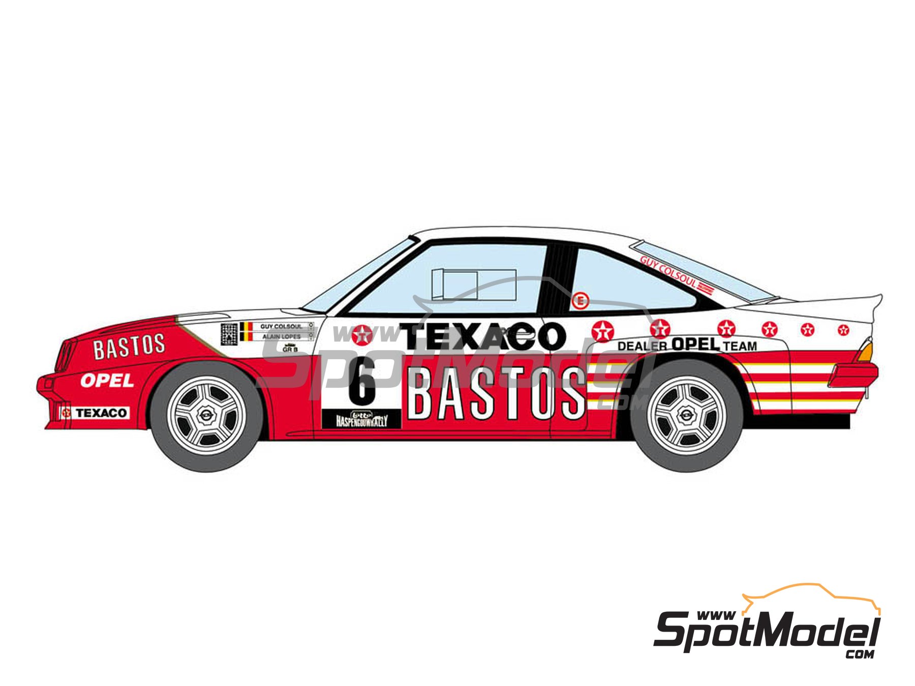 Image 1: Opel Manta 400 Group B Bastos Texaco Rally Team - 24 Hours de Ypres Rally, Condroz Rally, Haspengow Rally 1986 | Marking / livery in 1/24 scale manufactured by Decalcas (ref.&nbsp;DCL-DEC013)