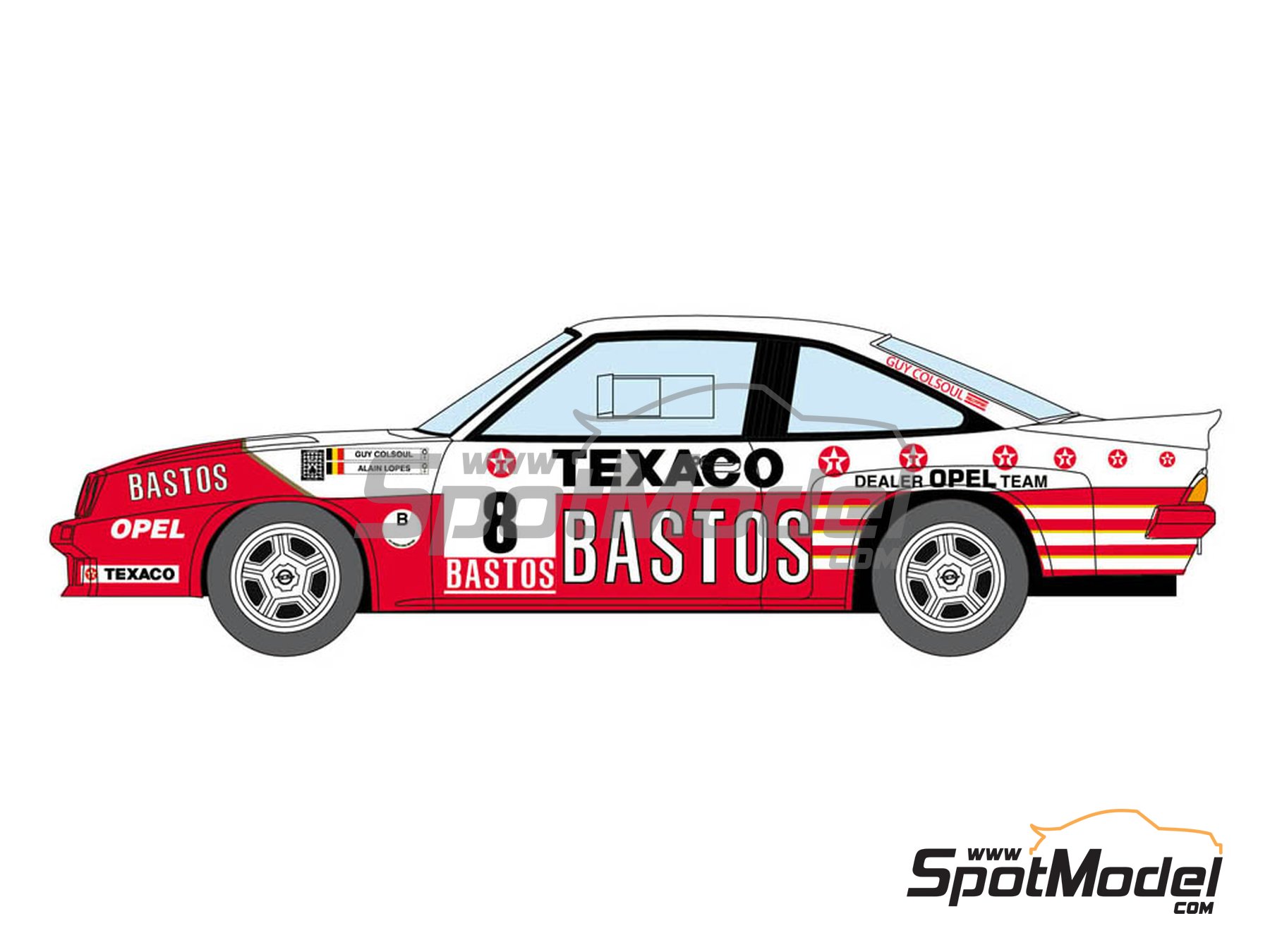 Image 2: Opel Manta 400 Group B Bastos Texaco Rally Team - 24 Hours de Ypres Rally, Condroz Rally, Haspengow Rally 1986 | Marking / livery in 1/24 scale manufactured by Decalcas (ref.&nbsp;DCL-DEC013)