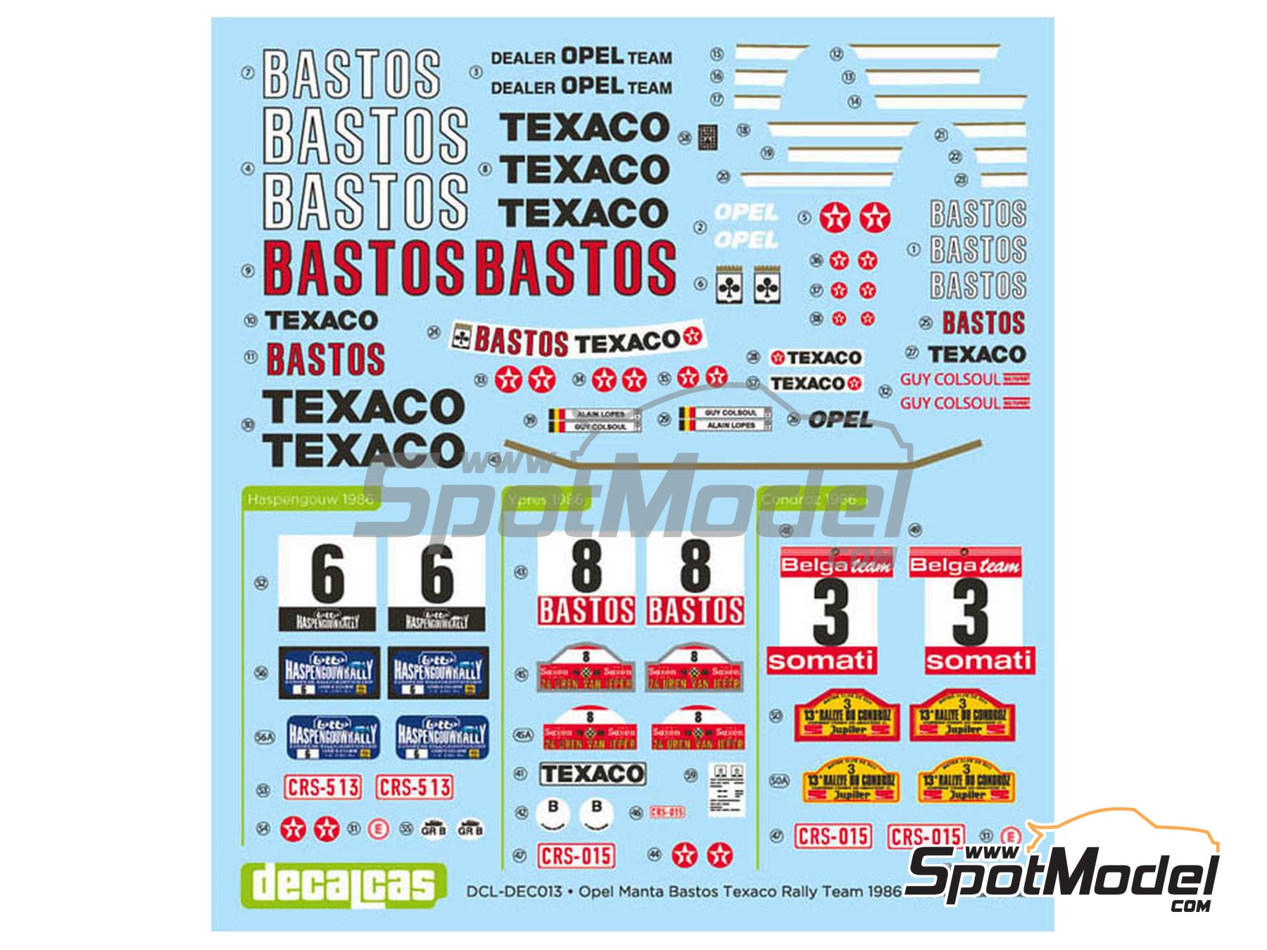 Image 4: Opel Manta 400 Group B Bastos Texaco Rally Team - 24 Hours de Ypres Rally, Condroz Rally, Haspengow Rally 1986 | Marking / livery in 1/24 scale manufactured by Decalcas (ref.&nbsp;DCL-DEC013)