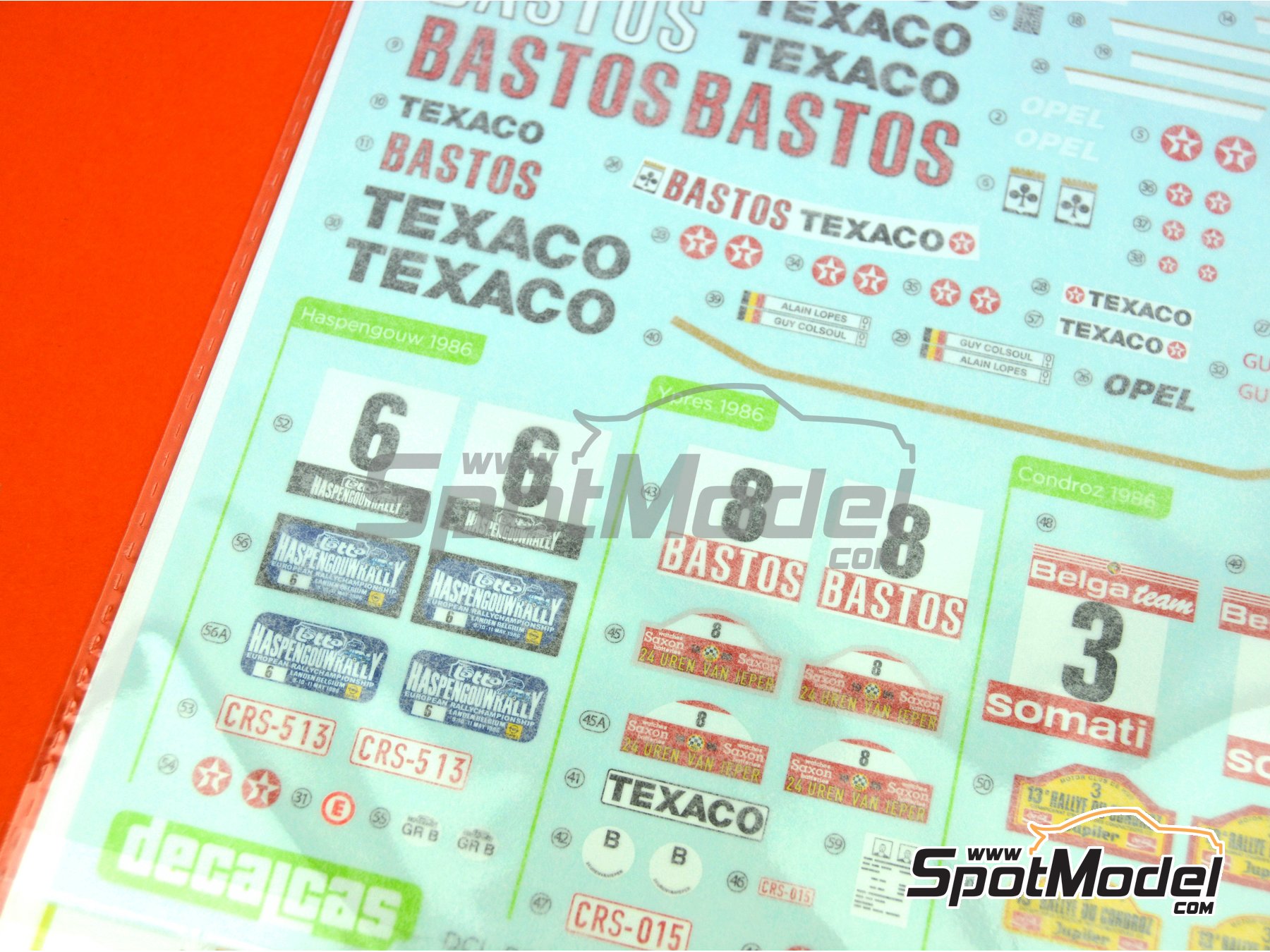 Image 11: Opel Manta 400 Group B Bastos Texaco Rally Team - 24 Hours de Ypres Rally, Condroz Rally, Haspengow Rally 1986 | Marking / livery in 1/24 scale manufactured by Decalcas (ref.&nbsp;DCL-DEC013)