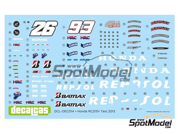 Image 4: Honda RC213V Repsol Honda Team - Motorland Aragon test 2013 | Marking / livery in 1/12 scale manufactured by Decalcas (ref.&nbsp;DCL-DEC014)