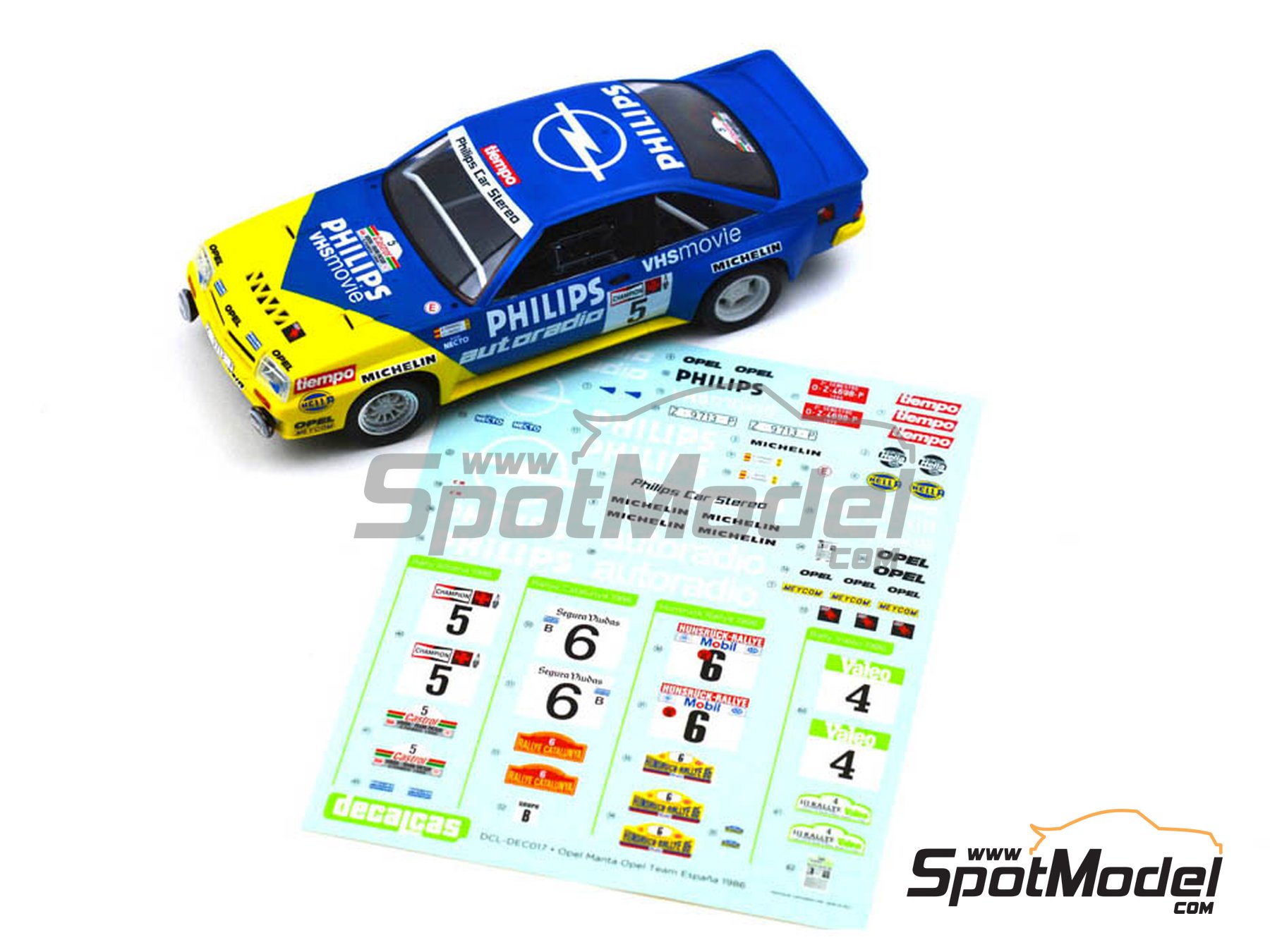 Image 6: Opel Manta 400 Group B Opel Team sponsored by Philips - AvD/STH Hunsr&uuml;ck Rallye, Valeo Rallye, Rallye Catalunya, Rally Albena - Zlatni Piassatzi - Sliven 1986 | Marking / livery in 1/24 scale manufactured by Decalcas (ref.&nbsp;DCL-DEC017)