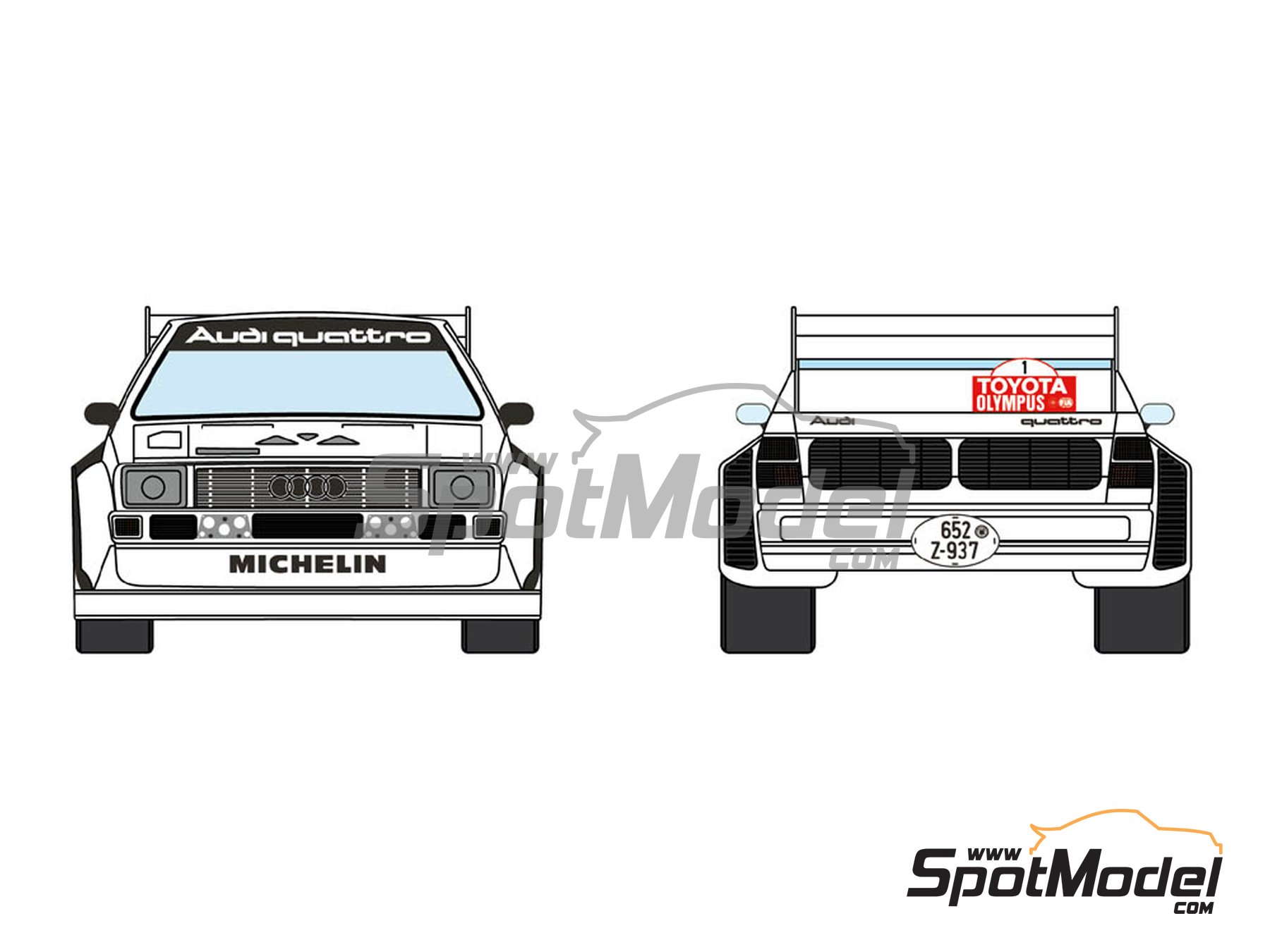 Image 1: Audi Quattro Sport S1 E2 Equipo Audi Sport - Toyota Olympus Rally 1985 | Decoraci&oacute;n en escala&nbsp;1/24 fabricado por Decalcas (ref.&nbsp;DCL-DEC019)