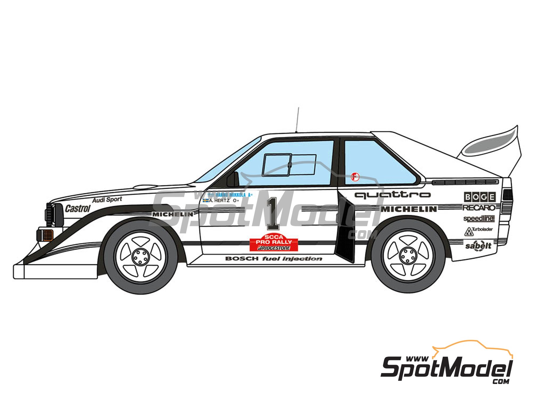 Image 2: Audi Quattro Sport S1 E2 Equipo Audi Sport - Toyota Olympus Rally 1985 | Decoraci&oacute;n en escala&nbsp;1/24 fabricado por Decalcas (ref.&nbsp;DCL-DEC019)