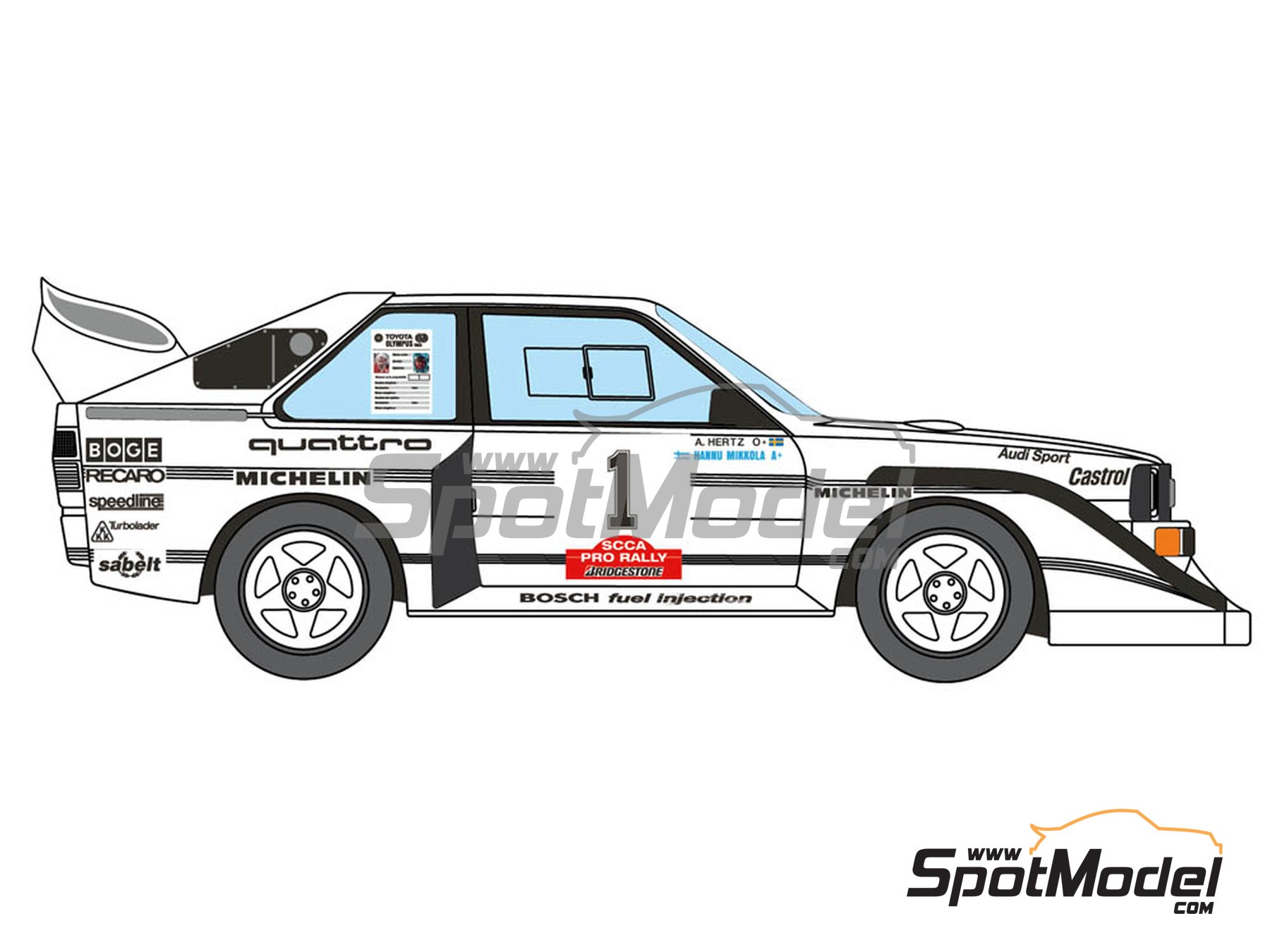 Image 3: Audi Quattro Sport S1 E2 Equipo Audi Sport - Toyota Olympus Rally 1985 | Decoraci&oacute;n en escala&nbsp;1/24 fabricado por Decalcas (ref.&nbsp;DCL-DEC019)