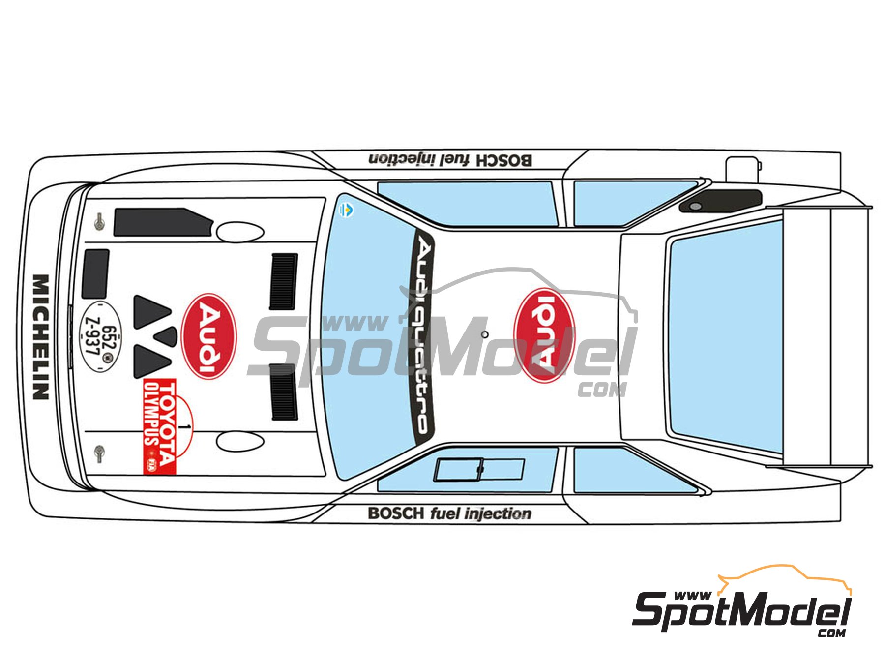 Image 4: Audi Quattro Sport S1 E2 Equipo Audi Sport - Toyota Olympus Rally 1985 | Decoraci&oacute;n en escala&nbsp;1/24 fabricado por Decalcas (ref.&nbsp;DCL-DEC019)