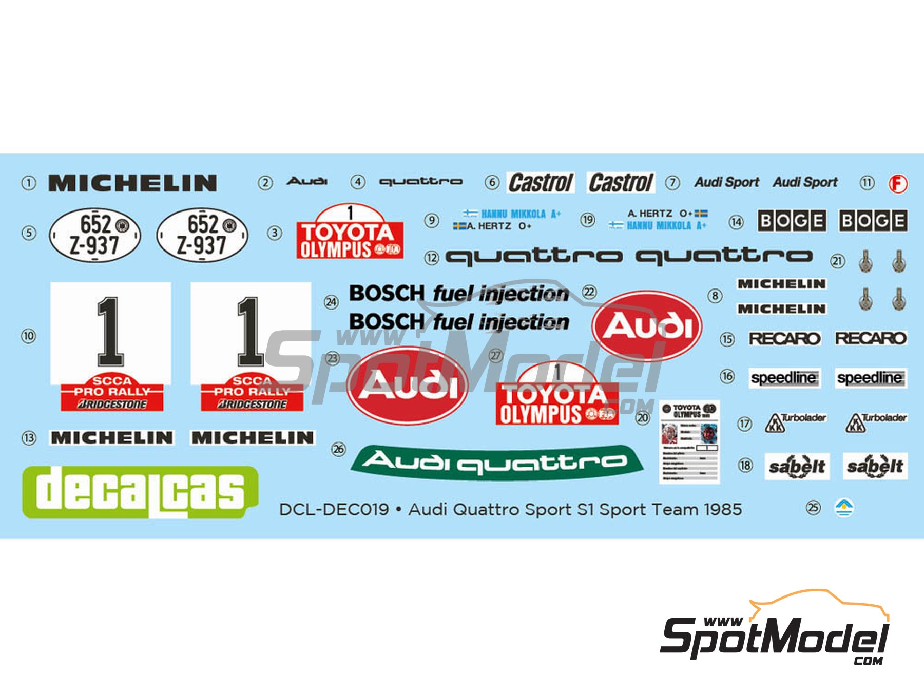 Image 5: Audi Quattro Sport S1 E2 Equipo Audi Sport - Toyota Olympus Rally 1985 | Decoraci&oacute;n en escala&nbsp;1/24 fabricado por Decalcas (ref.&nbsp;DCL-DEC019)
