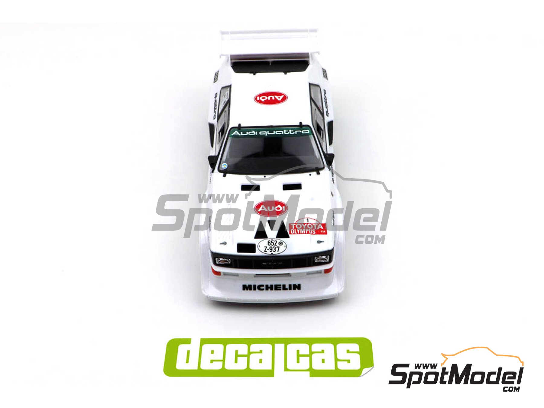 Image 6: Audi Quattro Sport S1 E2 Equipo Audi Sport - Toyota Olympus Rally 1985 | Decoraci&oacute;n en escala&nbsp;1/24 fabricado por Decalcas (ref.&nbsp;DCL-DEC019)