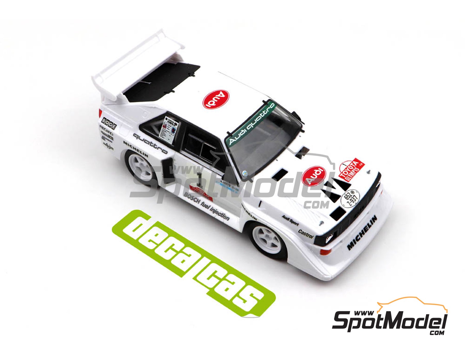 Image 7: Audi Quattro Sport S1 E2 Equipo Audi Sport - Toyota Olympus Rally 1985 | Decoraci&oacute;n en escala&nbsp;1/24 fabricado por Decalcas (ref.&nbsp;DCL-DEC019)
