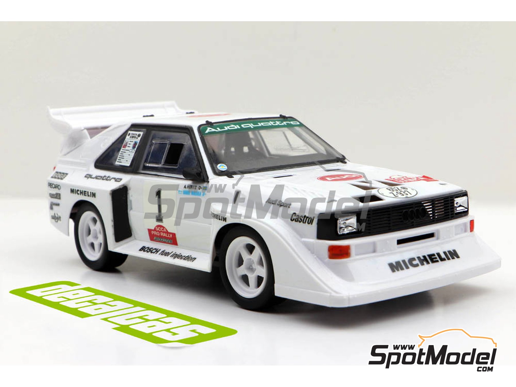 Image 9: Audi Quattro Sport S1 E2 Equipo Audi Sport - Toyota Olympus Rally 1985 | Decoraci&oacute;n en escala&nbsp;1/24 fabricado por Decalcas (ref.&nbsp;DCL-DEC019)