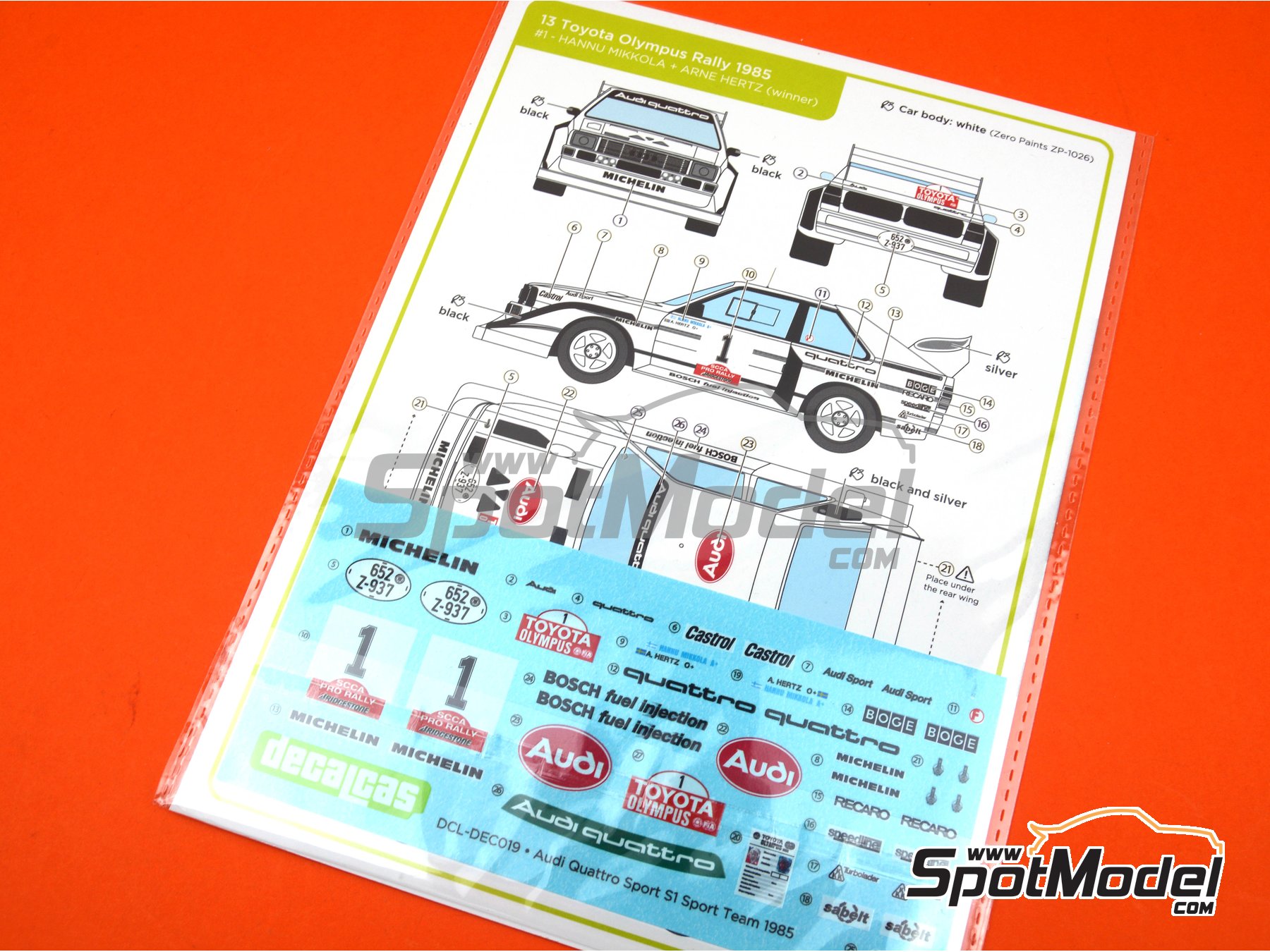 Image 13: Audi Quattro Sport S1 E2 Equipo Audi Sport - Toyota Olympus Rally 1985 | Decoraci&oacute;n en escala&nbsp;1/24 fabricado por Decalcas (ref.&nbsp;DCL-DEC019)
